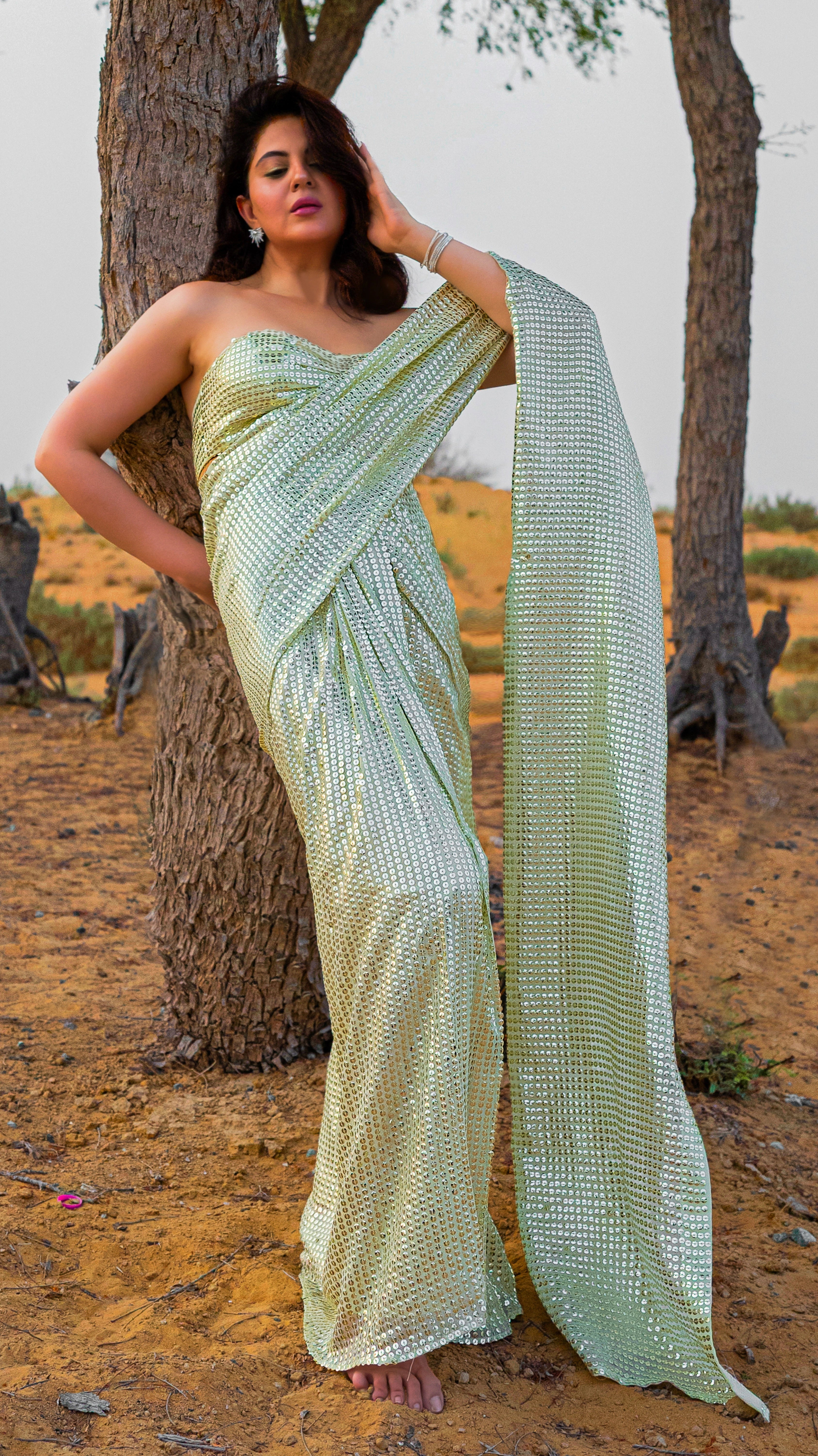 Yellow Georgette Saree with All-Over Gold Sequin Work