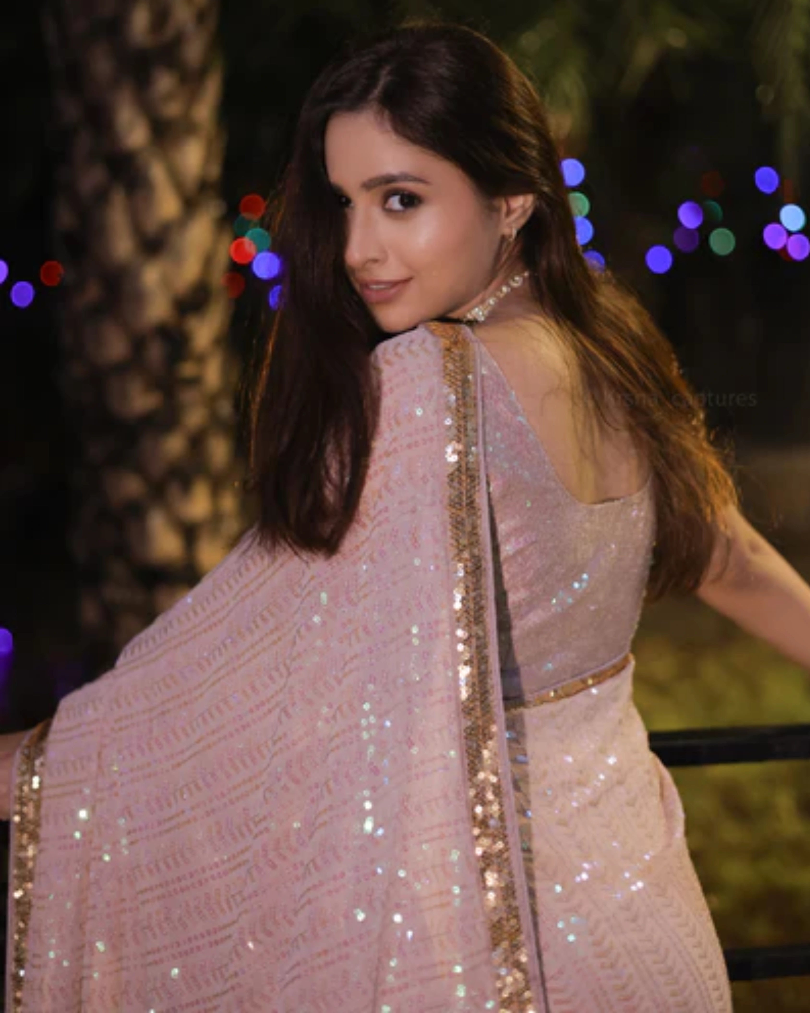 Beige Georgette Saree with All-Over Rainbow Sequin Work and Matching Organza Silk Blouse