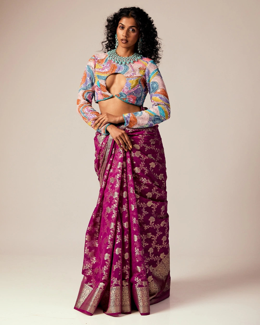 Pink Banarasi Saree with Gold Floral Design and Multicolor Full Sleeve Cut-Out Blouse
