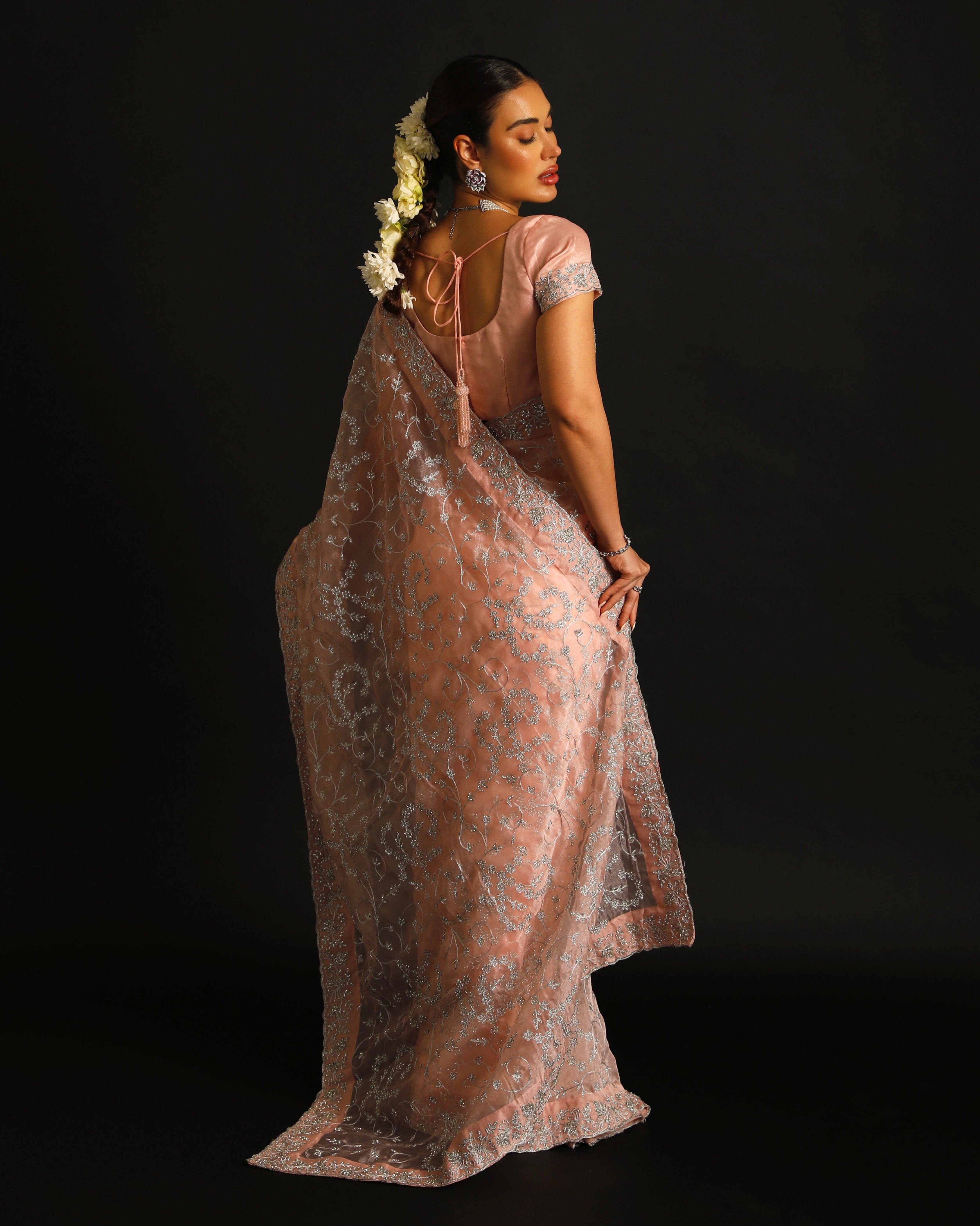 Blush Pink Organza Silk Saree with All-Over Hand Embroidered Silver Floral Jaal