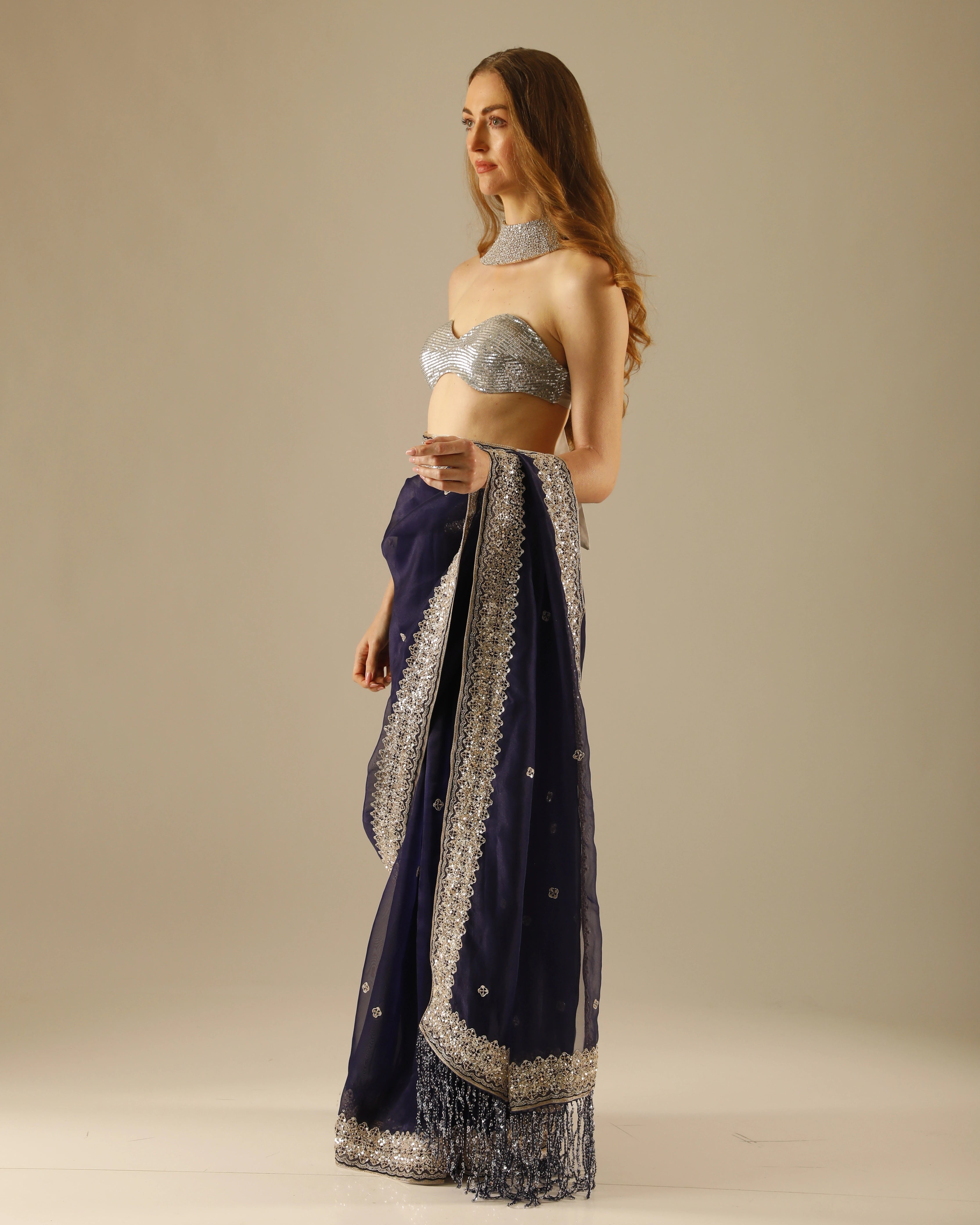 Navy Blue Georgette Hand-Embroidered with All-Over Chita Work