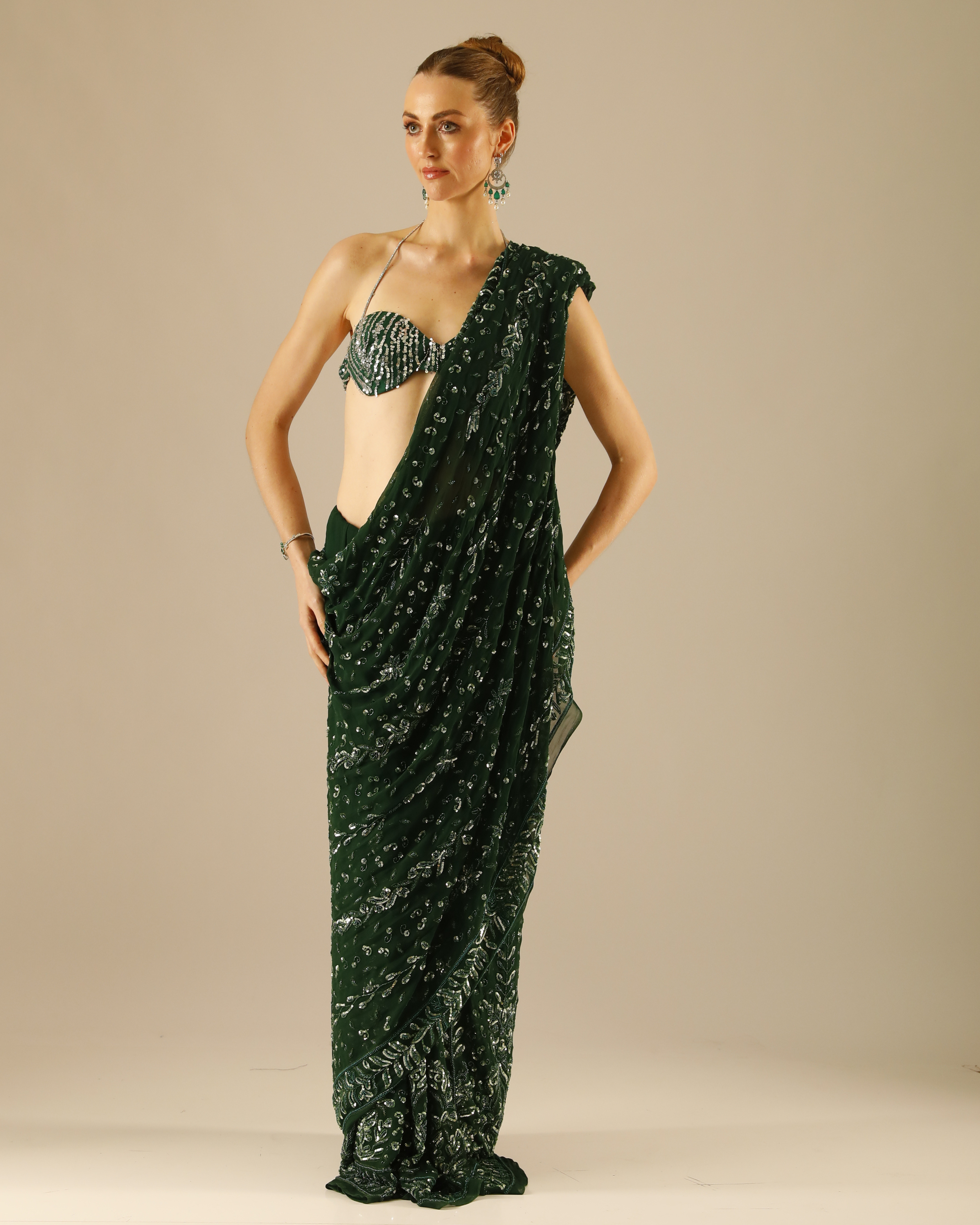 Emerald Green Hand-Embroidered Georgette Saree Set with Cut Dana and Sequin Work