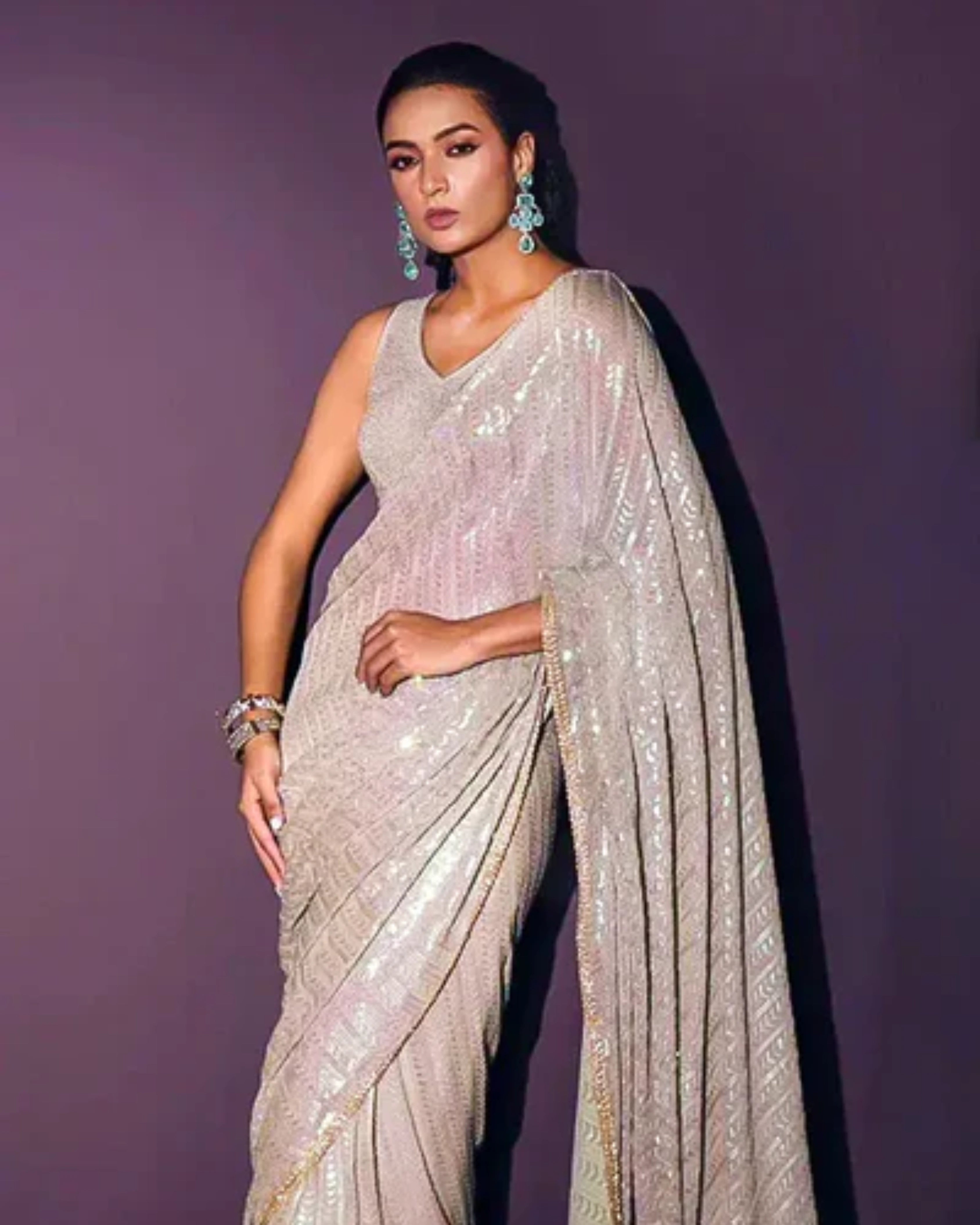 Beige Georgette Saree with All-Over Rainbow Sequin Work and Matching Organza Silk Blouse