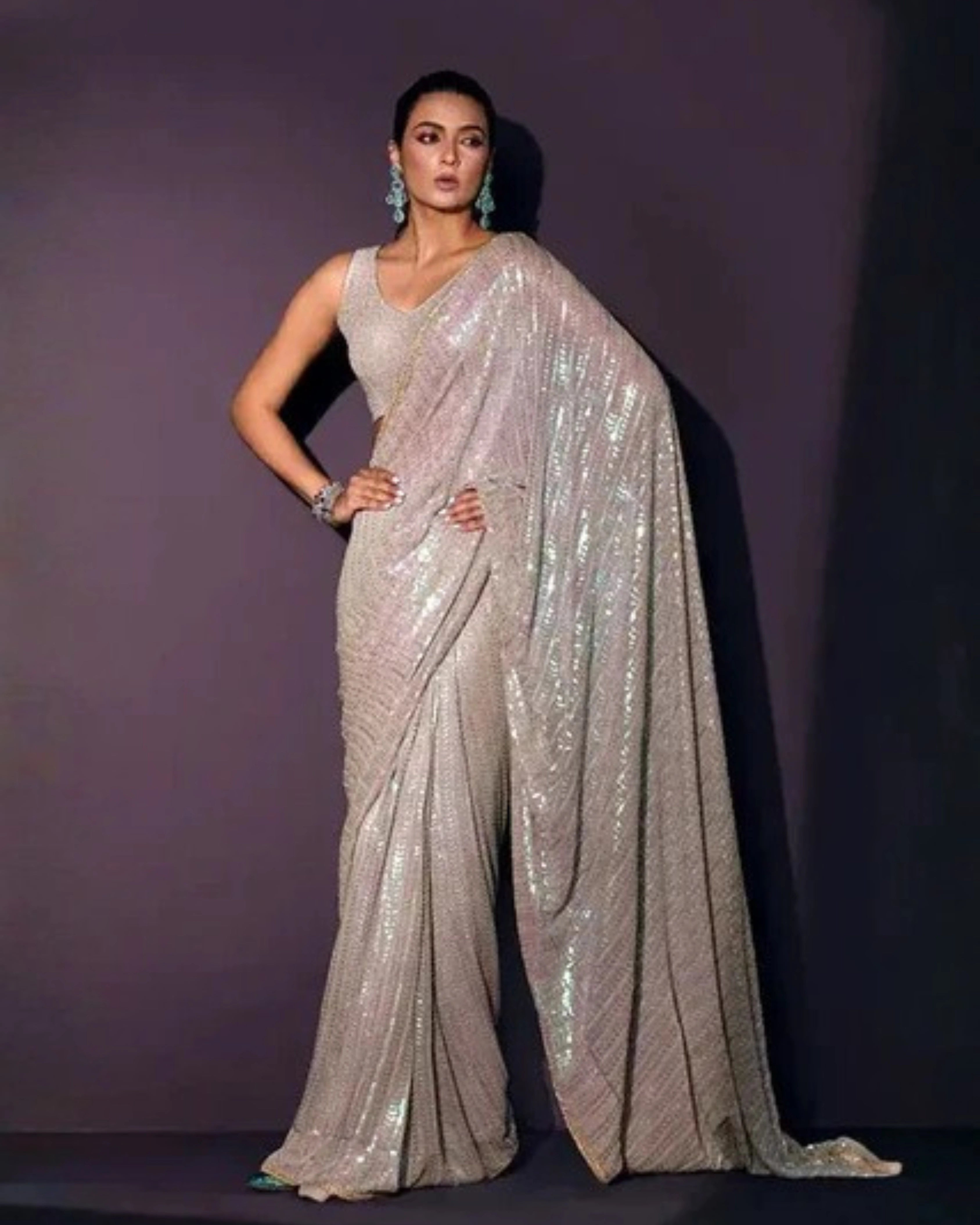 Beige Georgette Saree with All-Over Rainbow Sequin Work and Matching Organza Silk Blouse