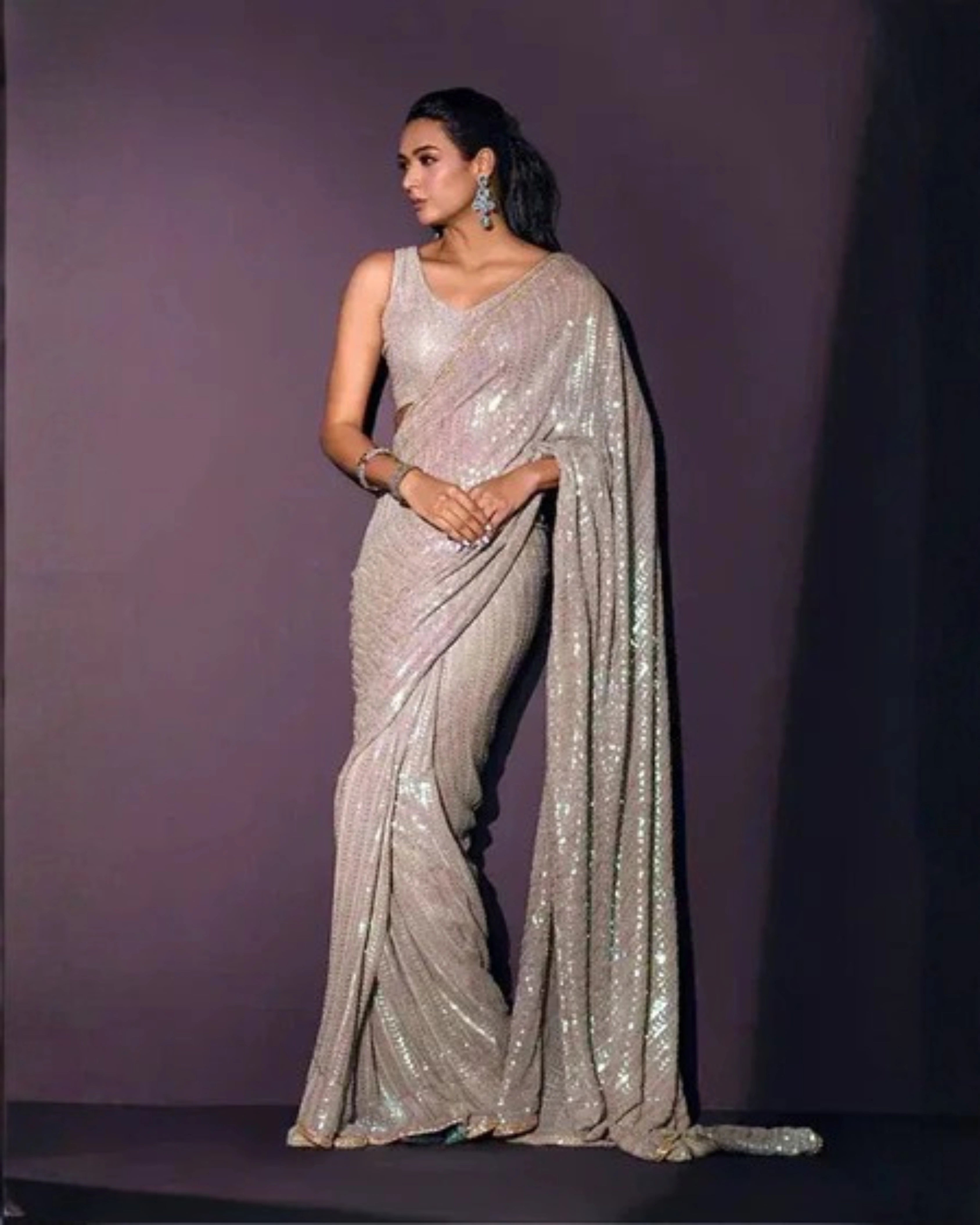 Beige Georgette Saree with All-Over Rainbow Sequin Work and Matching Organza Silk Blouse