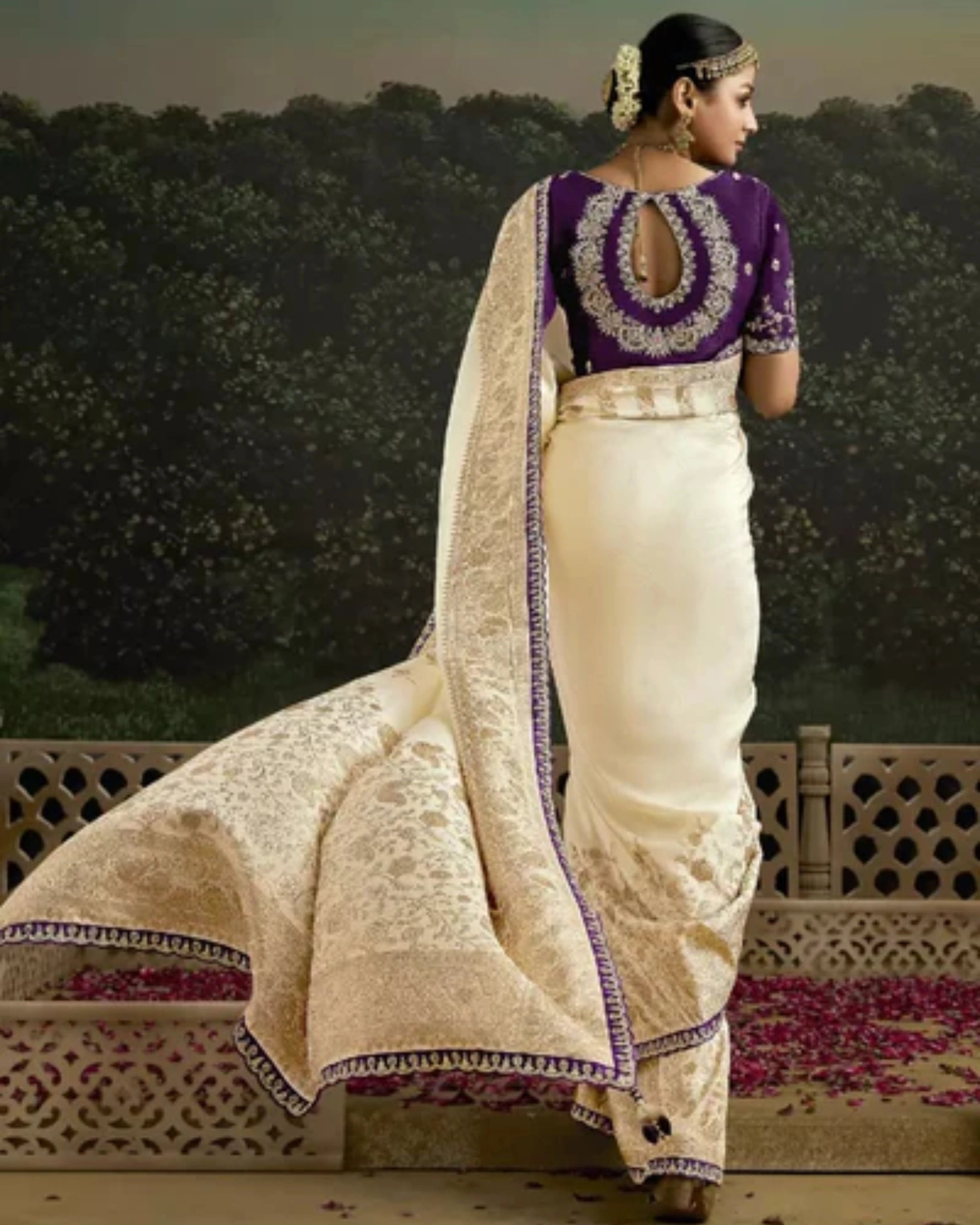 Beige Heavy Silk Saree with Gold Zari and Embroidery Work All-Over & Heavy Embroidery Purple Blouse