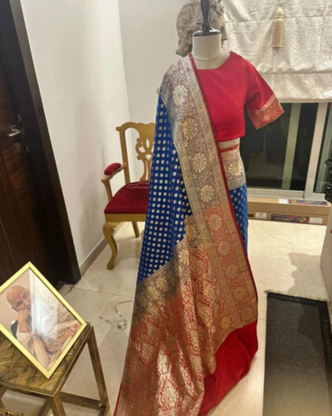 Royal Blue Pure Banarasi Silk Saree with Gold Zari Border and Red Zari-Detailed Sleeve Blouse