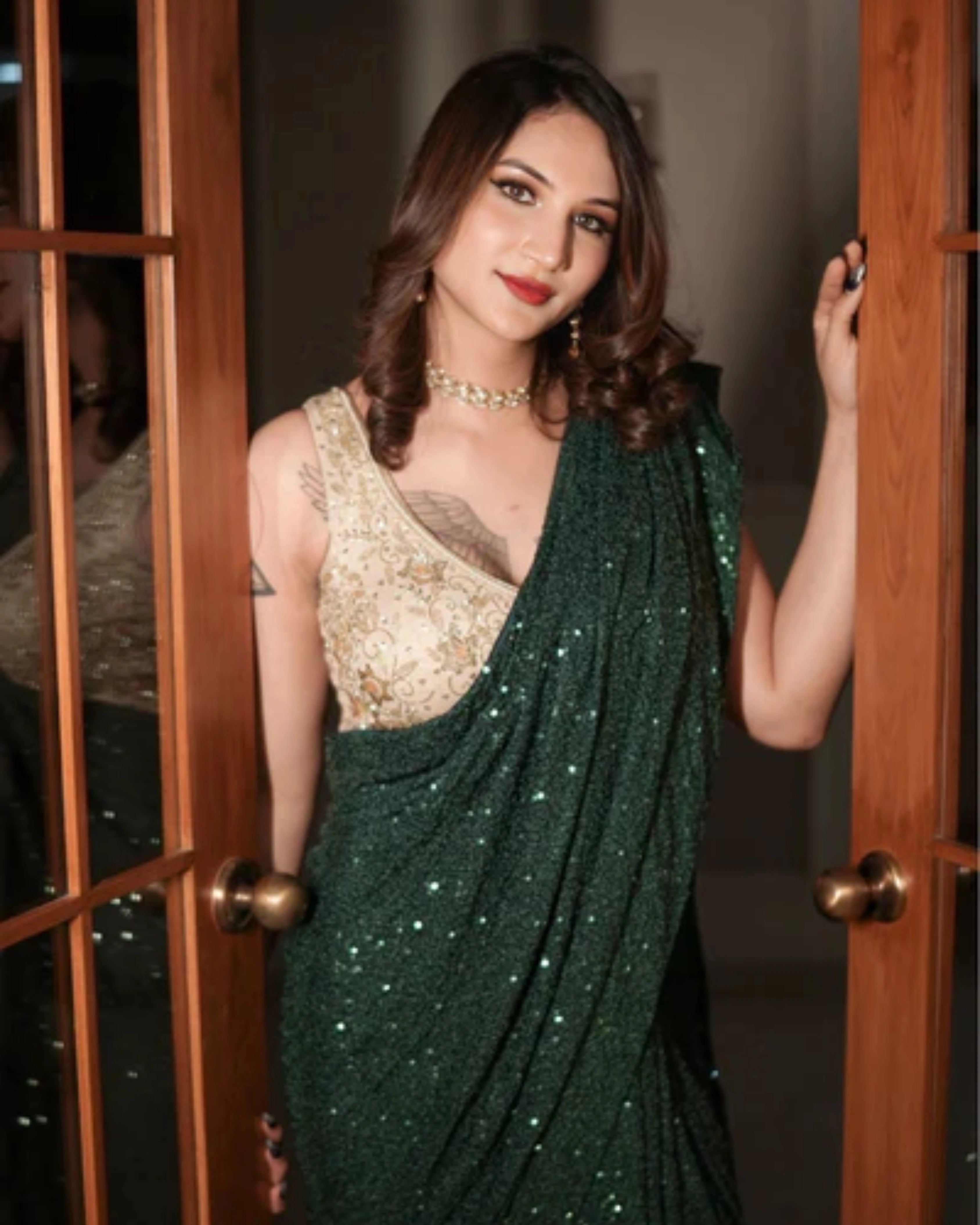 Dark Green Georgette Saree with All Over Shimmer Sequin Work and Matching Sequin Blouse