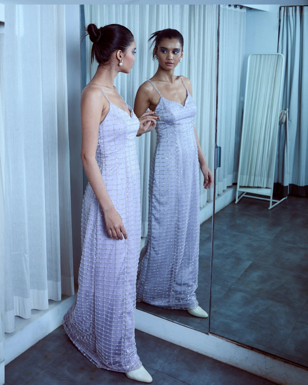Lavender Silk Embellished Bodycon Dress with Grid Pattern Design and Hand Beadwork
