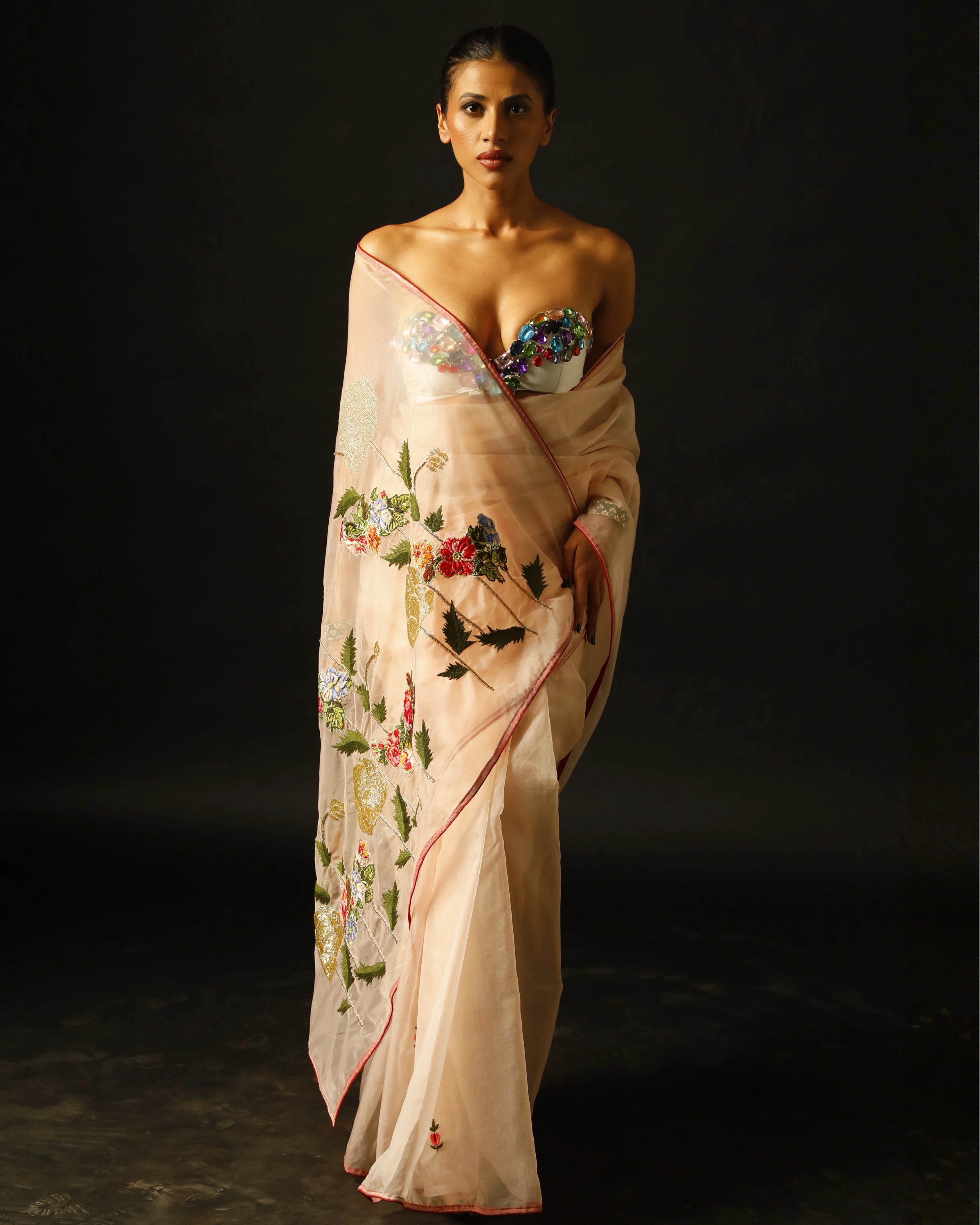 Peach Pink Saree with Multicolor Floral Hand Embroidery and Big Gem Stone Work Blouse