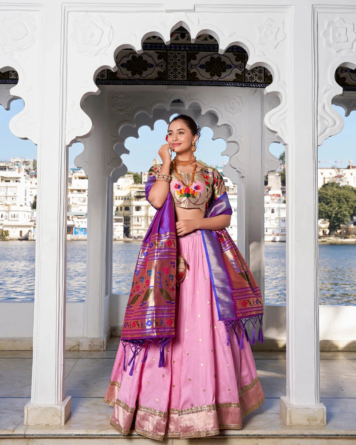 Pink Paithani Silk Lehenga with Purple Lotus Design Dupatta