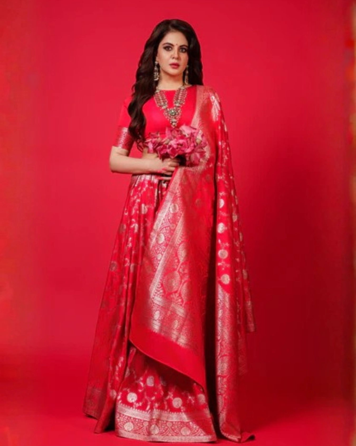 Red Pure Banarasi Silk Saree with All-Over Intricate Hand Embroidery Silver Zari Work and Matching Blouse
