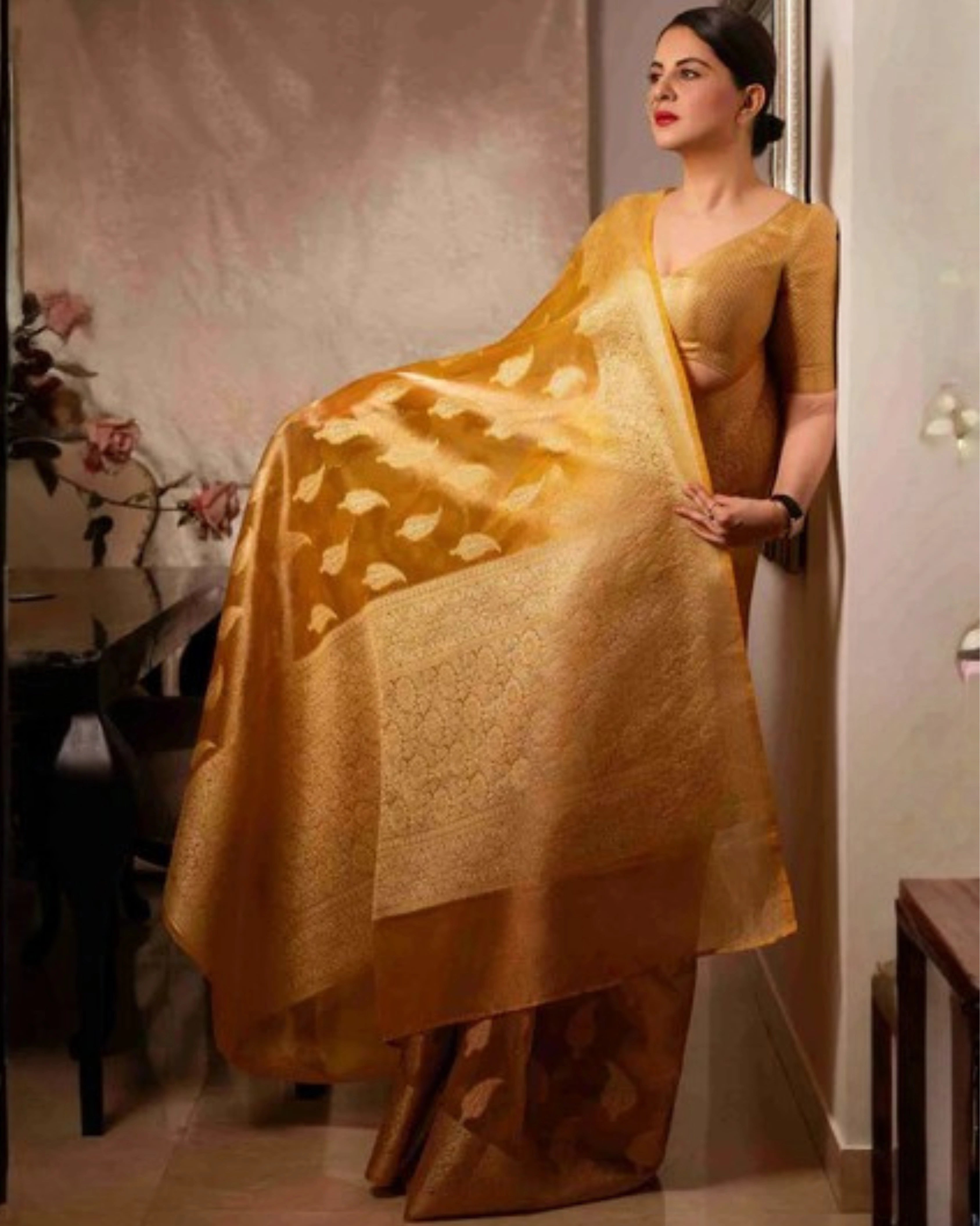 Yellow Banarasi Silk Saree with Pure Gold Zari Leaf Design and Matching Checked Blouse