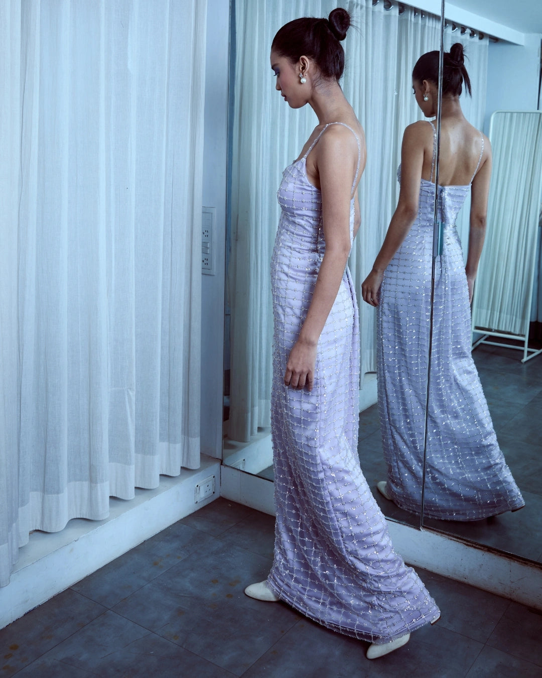 Lavender Silk Embellished Bodycon Dress with Grid Pattern Design and Hand Beadwork