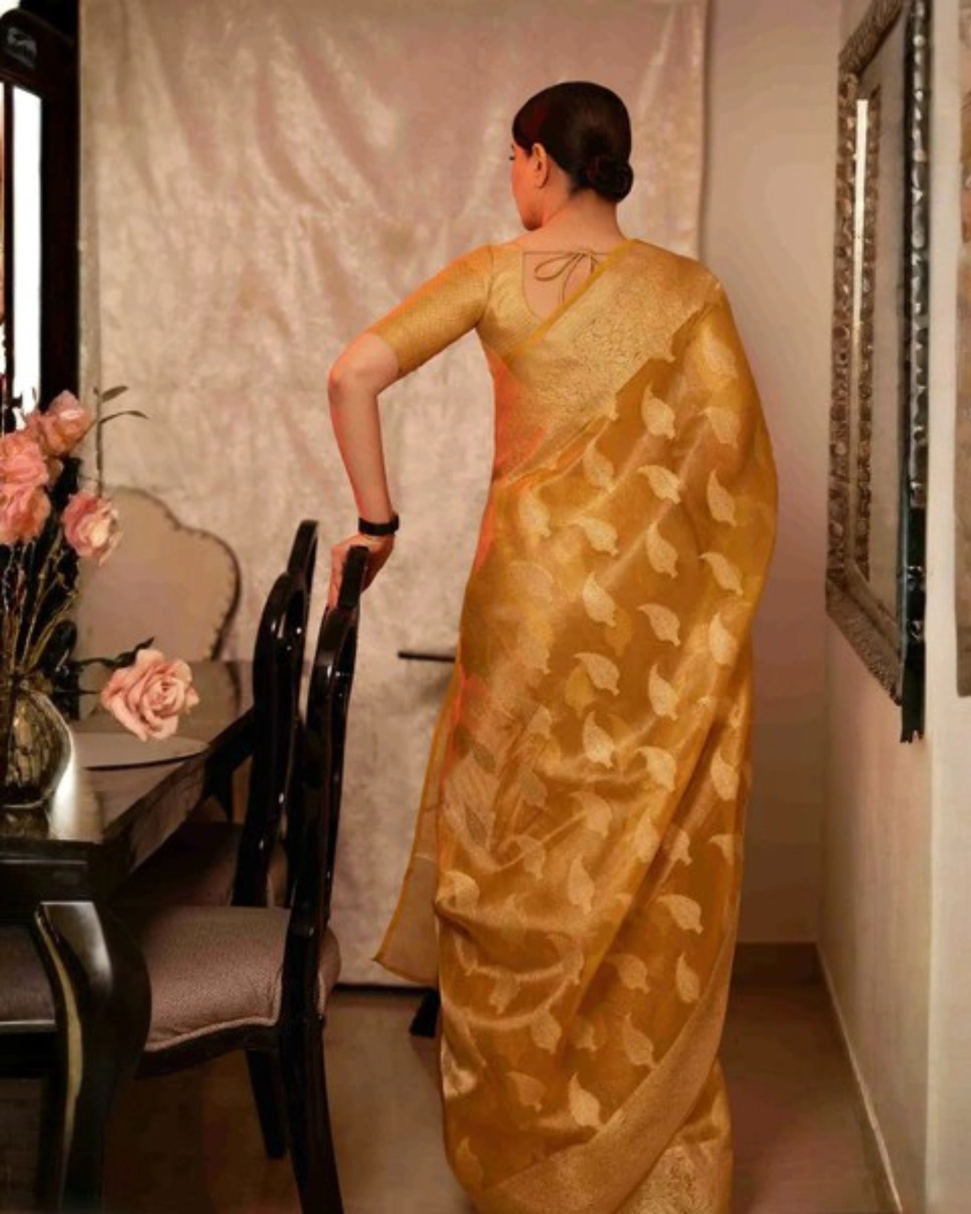 Yellow Banarasi Silk Saree with Pure Gold Zari Leaf Design and Matching Checked Blouse