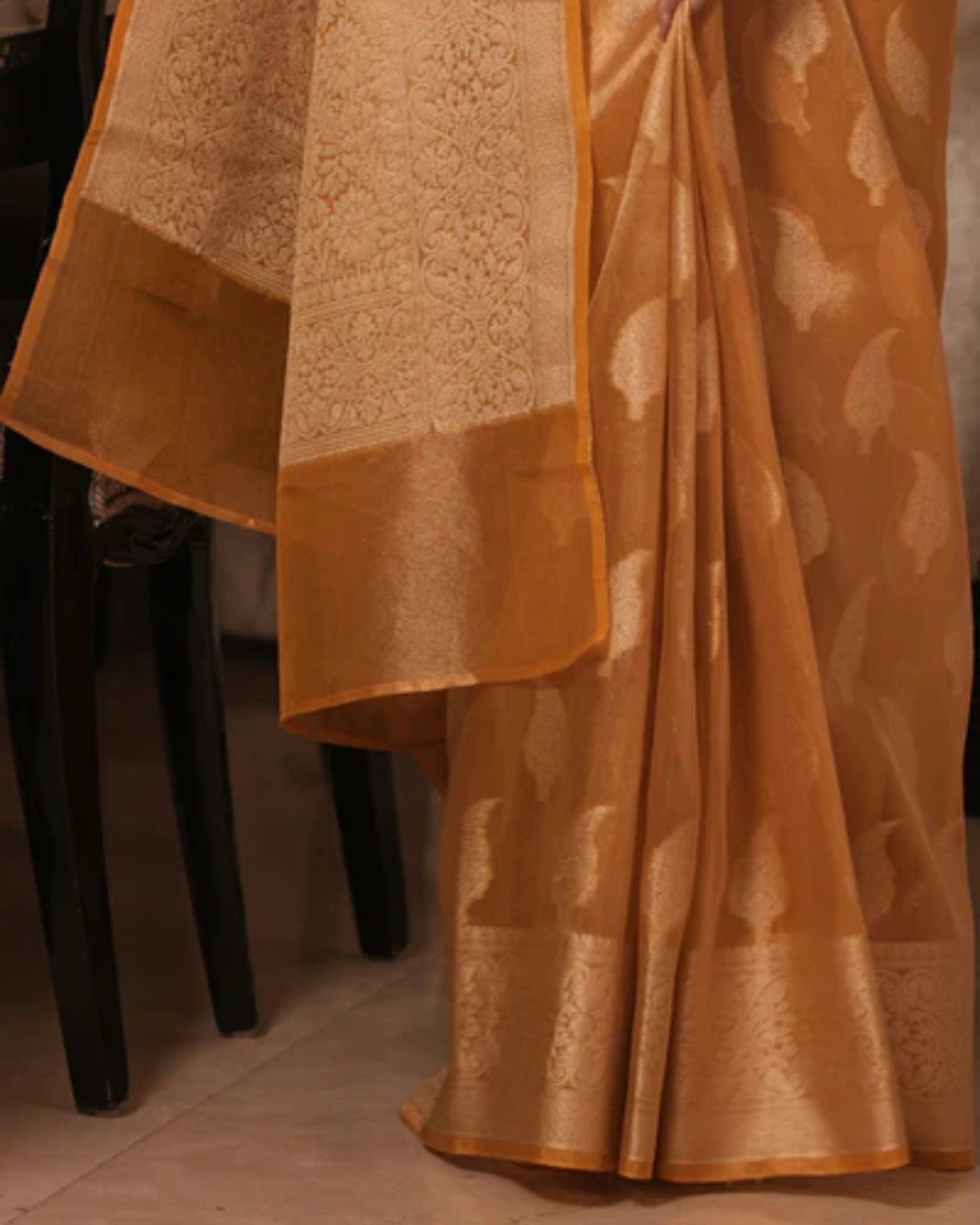 Yellow Banarasi Silk Saree with Pure Gold Zari Leaf Design and Matching Checked Blouse