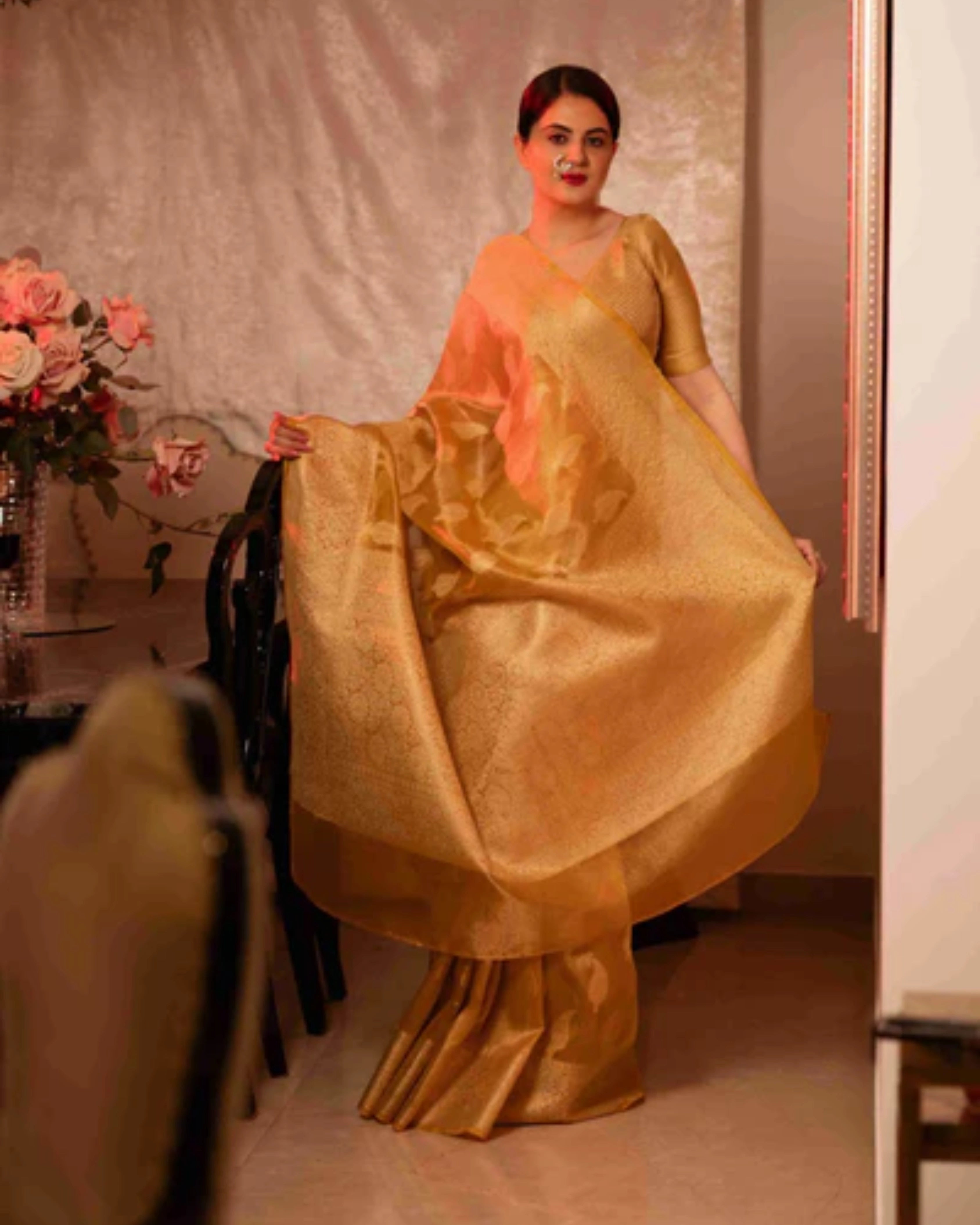 Yellow Banarasi Silk Saree with Pure Gold Zari Leaf Design and Matching Checked Blouse