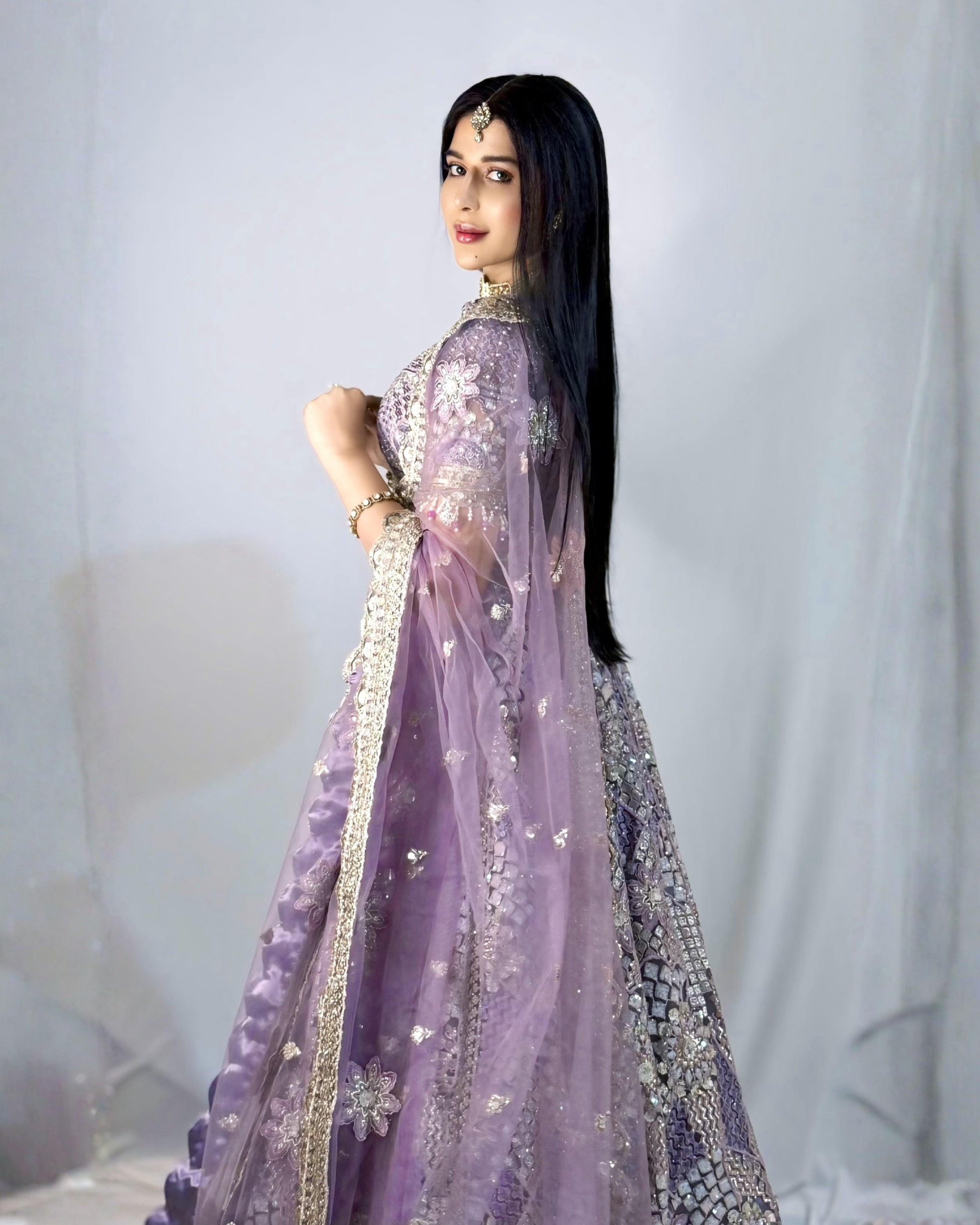 Lavender Silk Lehenga with Floral Embroidery Mirror Stonework and Gold Zari Border Work