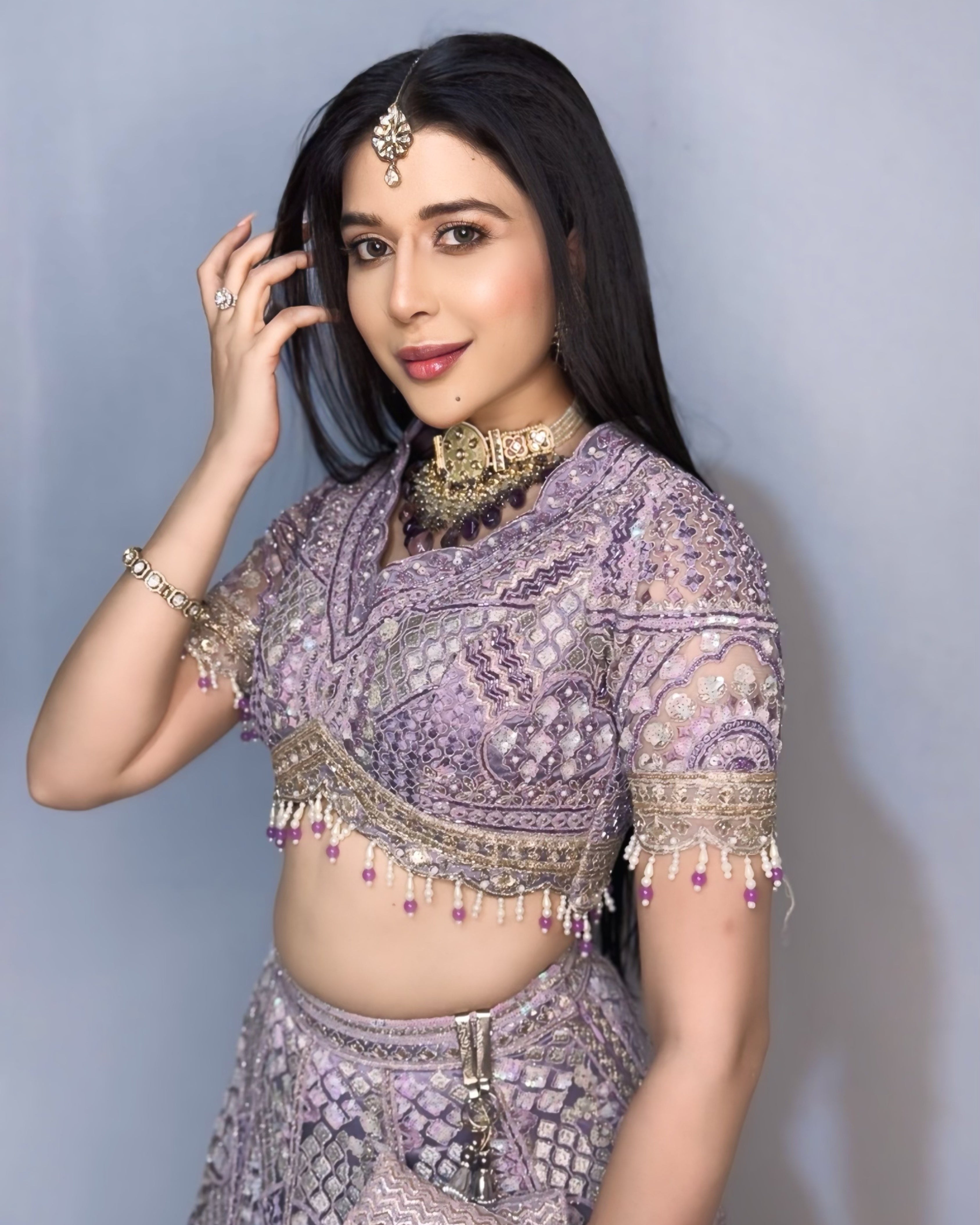 Lavender Silk Lehenga with Floral Embroidery Mirror Stonework and Gold Zari Border Work