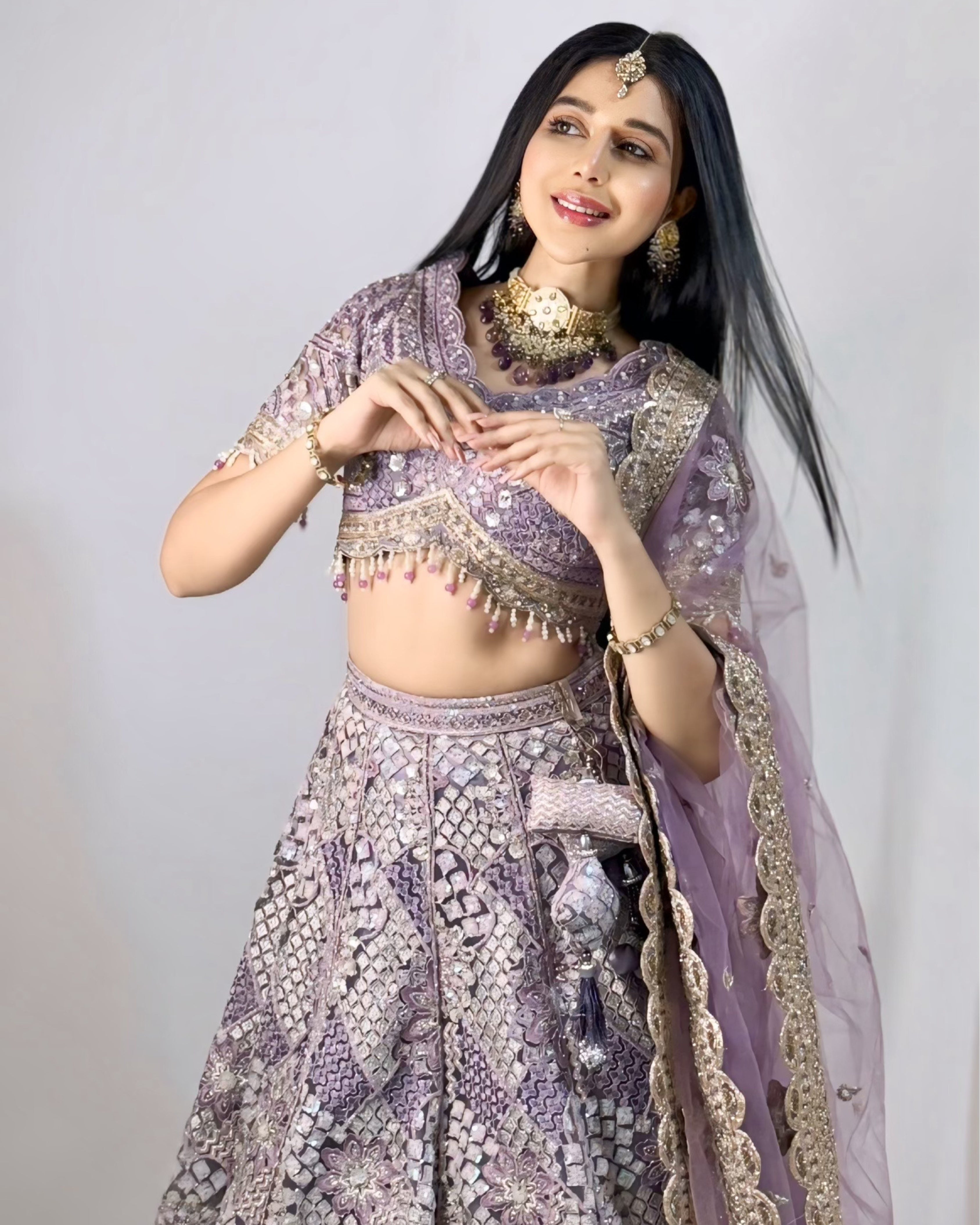 Lavender Silk Lehenga with Floral Embroidery Mirror Stonework and Gold Zari Border Work