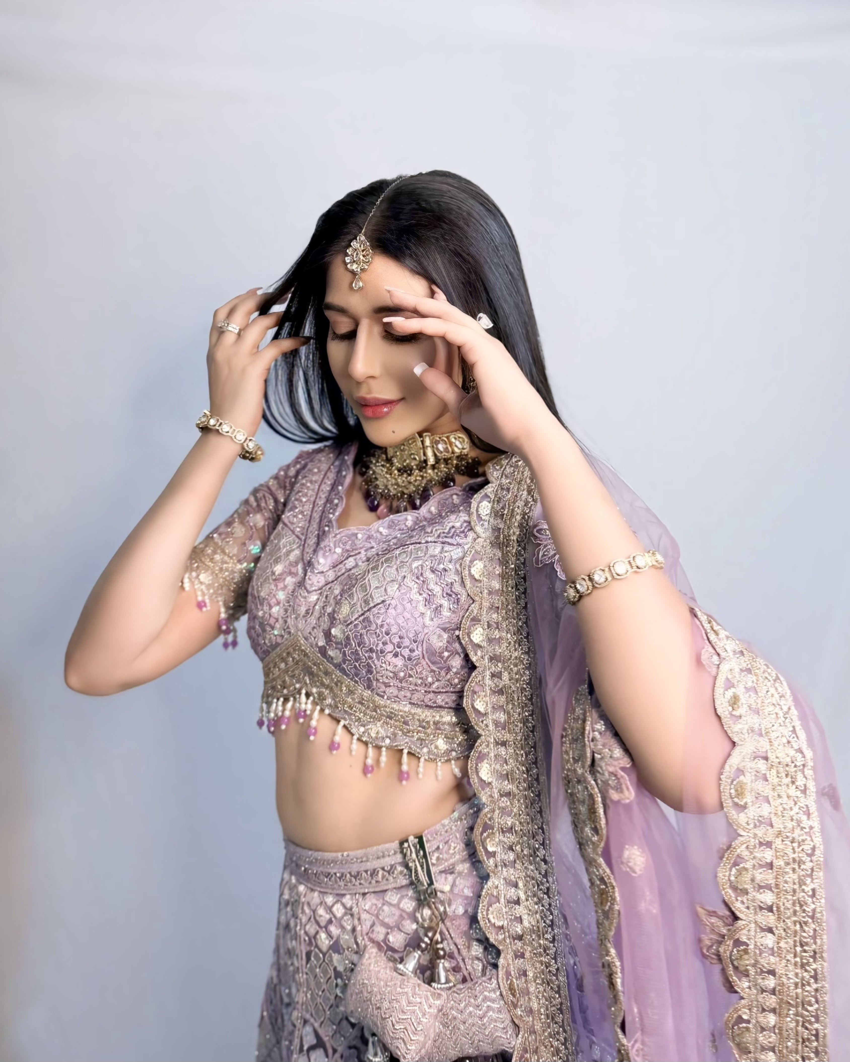 Lavender Silk Lehenga with Floral Embroidery Mirror Stonework and Gold Zari Border Work