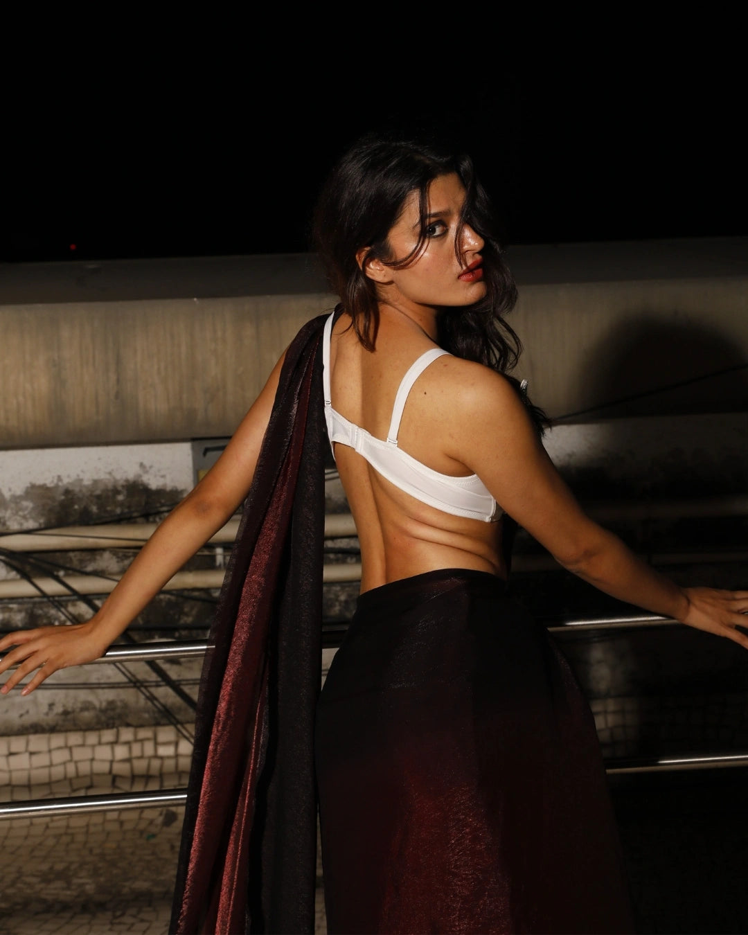 Maroon Georgette Saree with White Sculpted Embellished Blouse