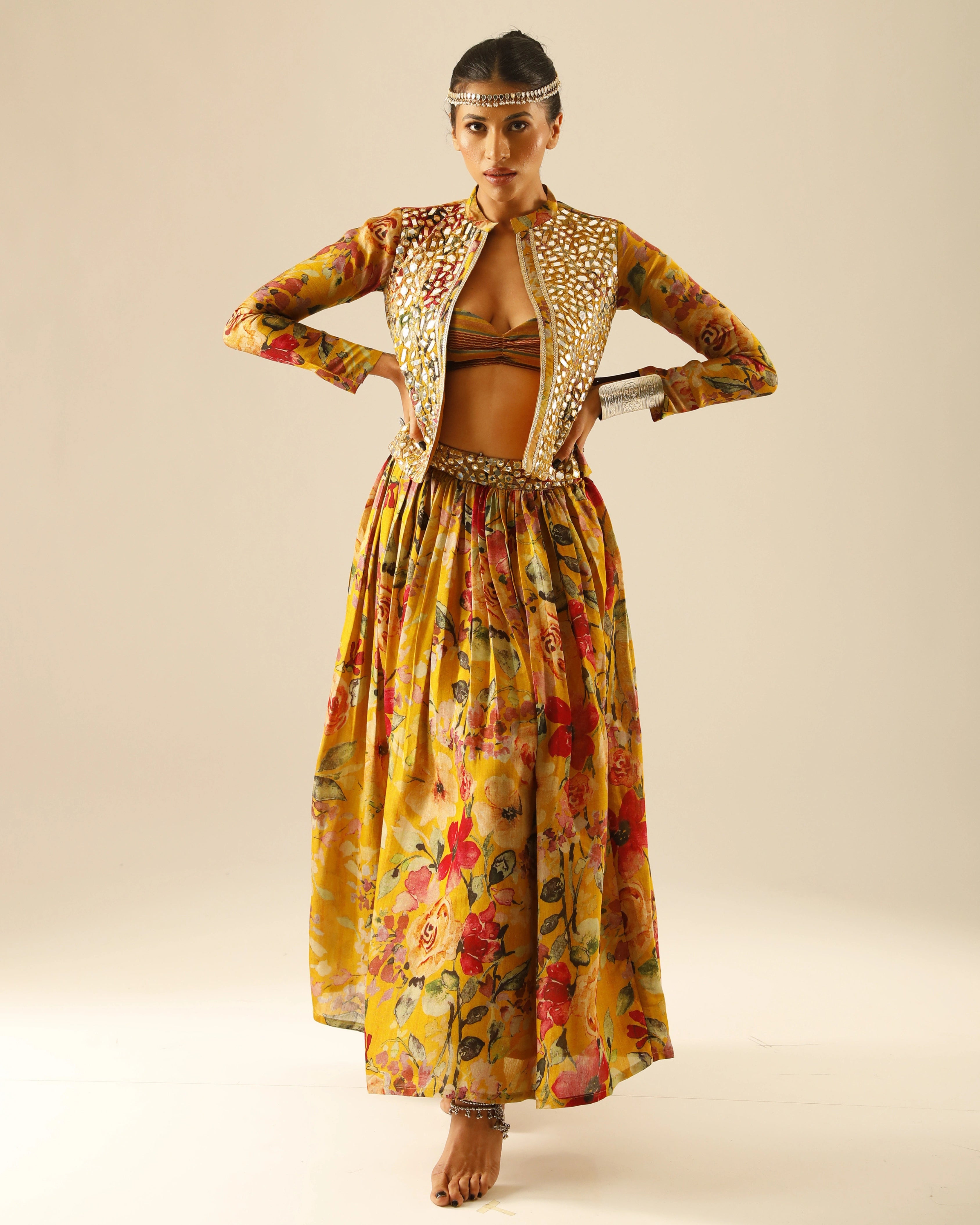 Yellow Silk Floral Skirt and Jacket Set with All Over Mirror Work