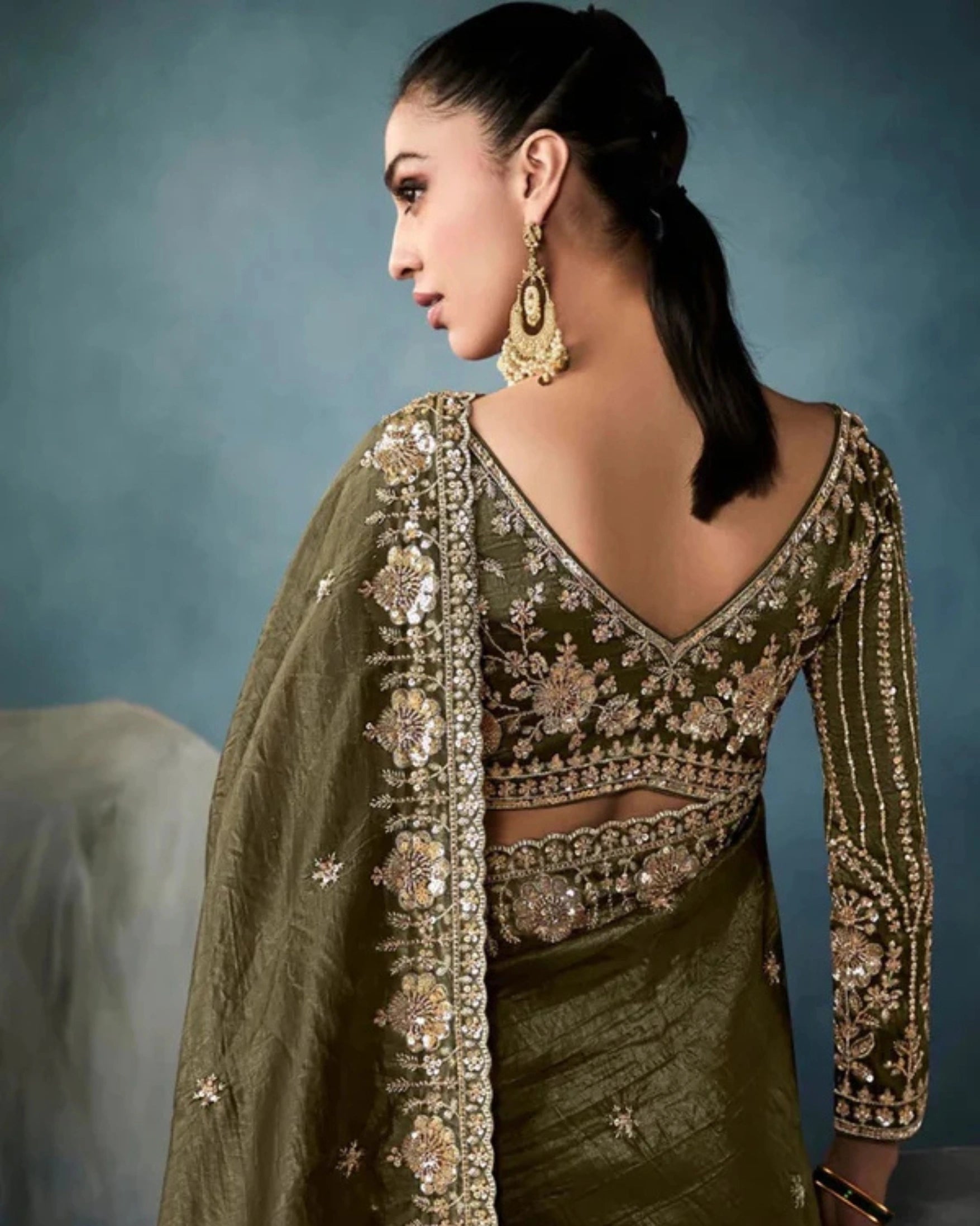 Olive Green Pure Tissue Silk Saree with Hand Floral Embroidery Border and Sequin Bead Work
