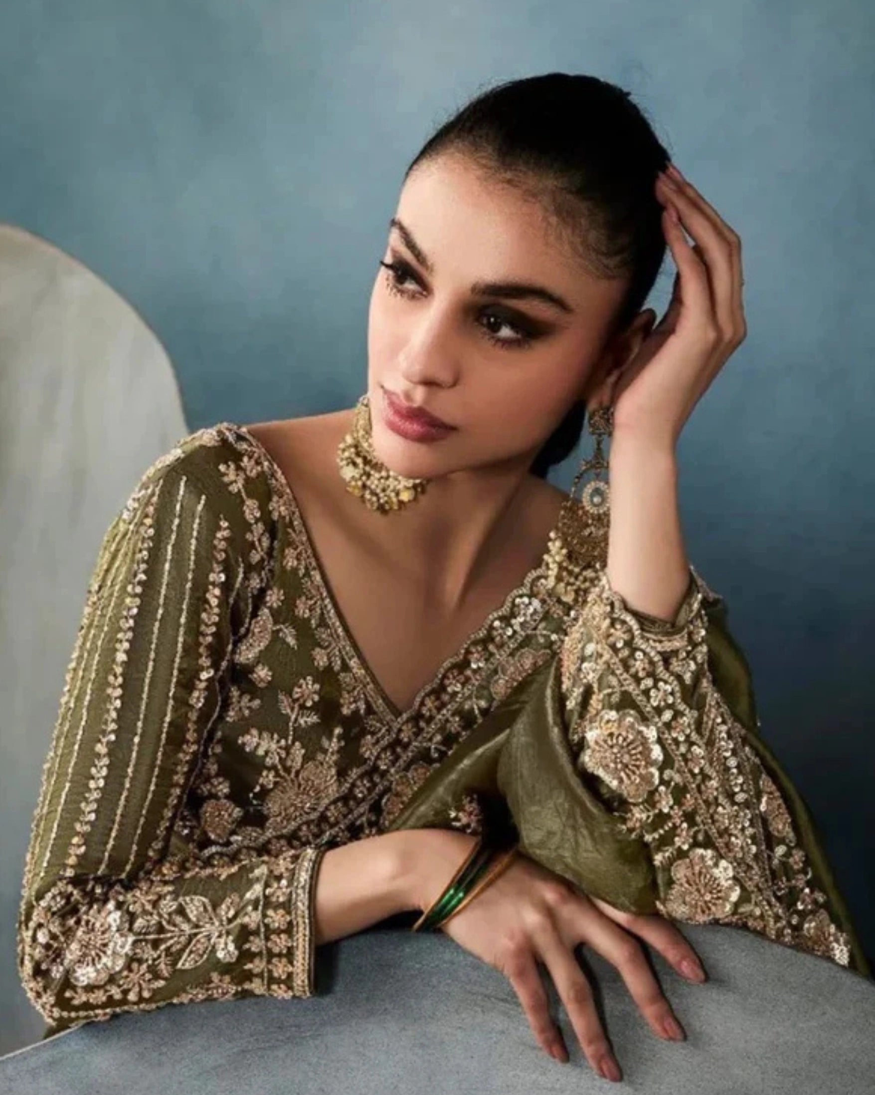 Olive Green Pure Tissue Silk Saree with Hand Floral Embroidery Border and Sequin Bead Work