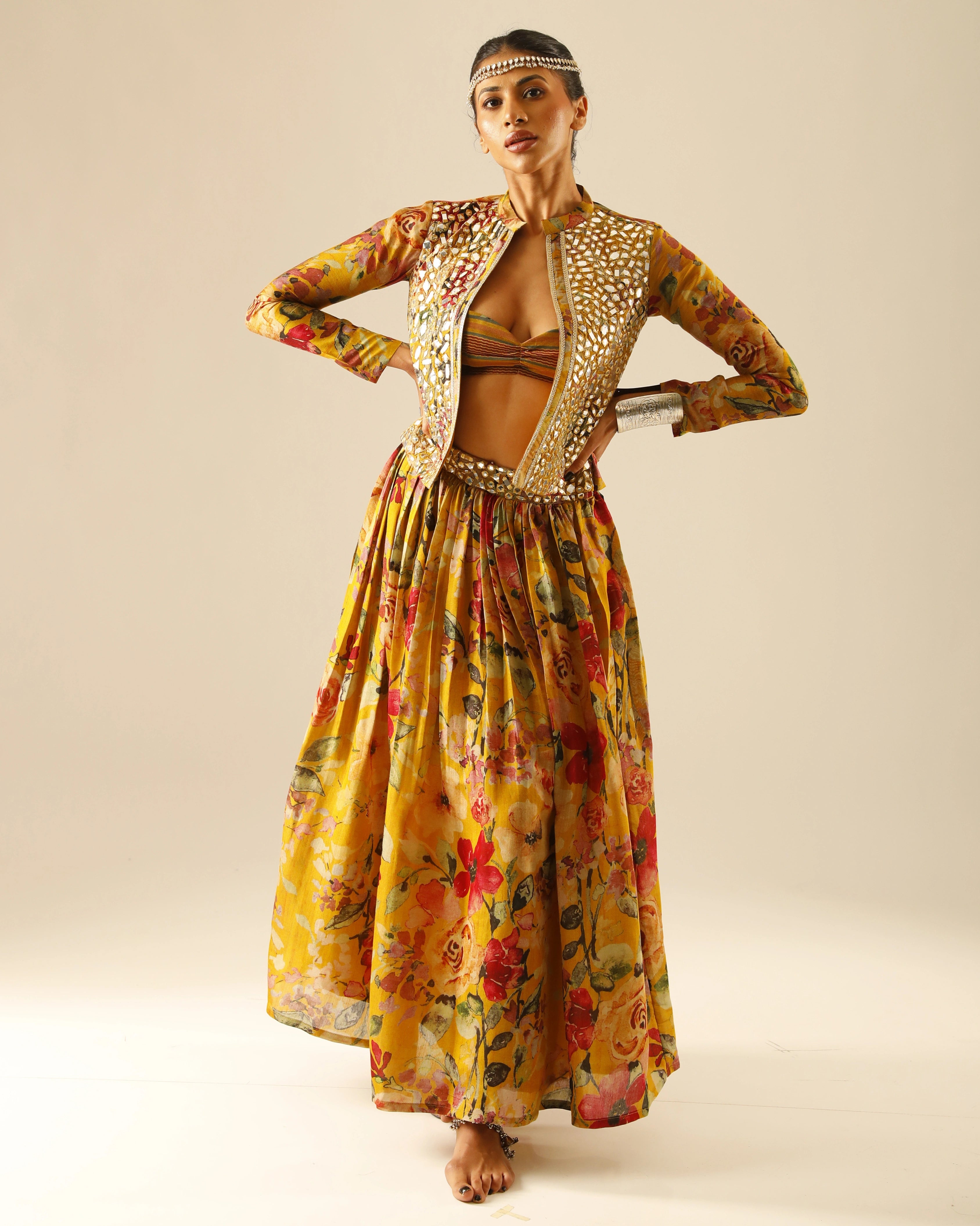Yellow Silk Floral Skirt and Jacket Set with All Over Mirror Work