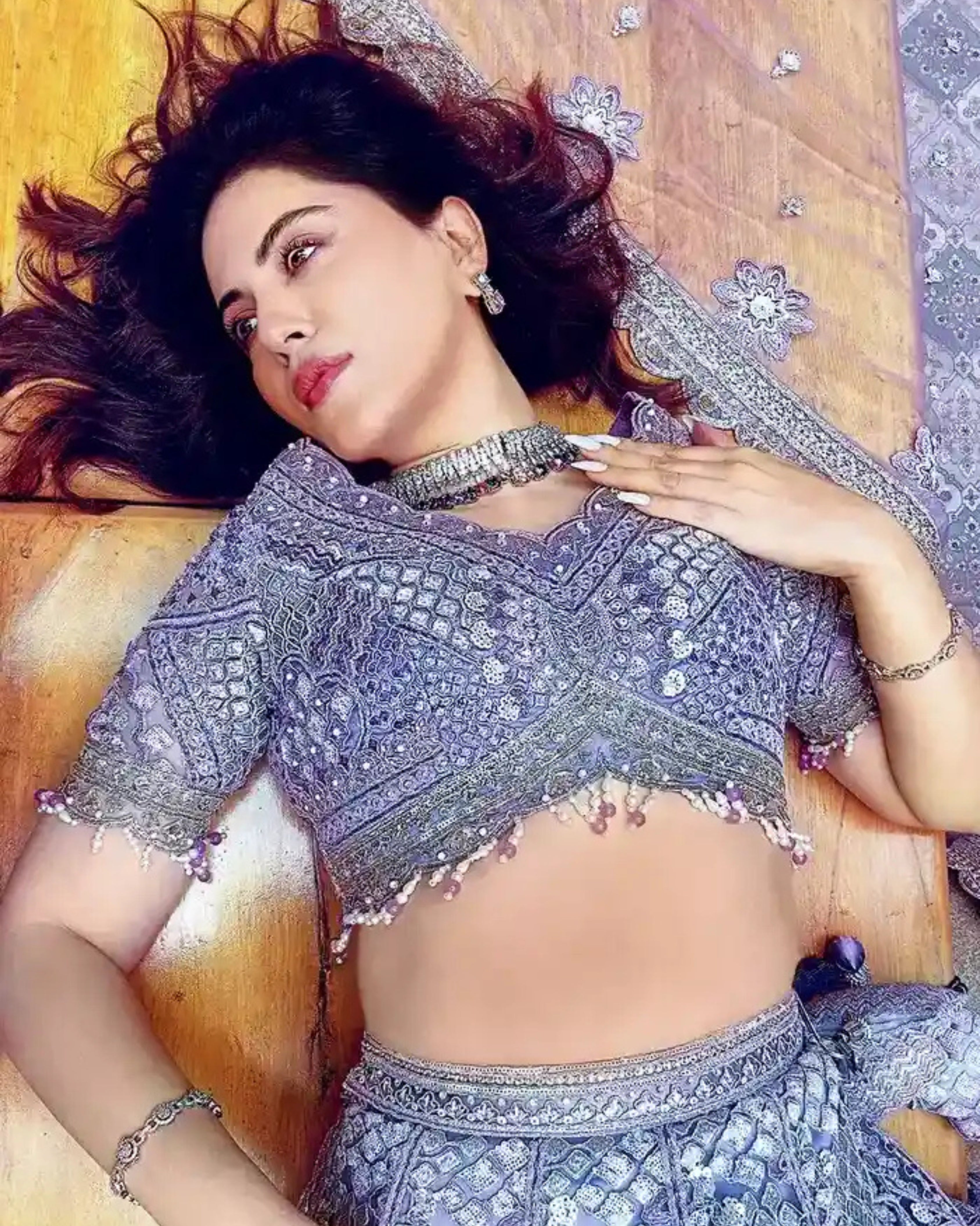 Lavender Silk Lehenga with Floral Embroidery Mirror Stonework and Gold Zari Border Work