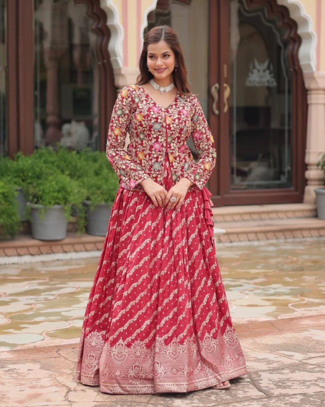 Red Georgette Lehenga with Heavy Thread Embroidery and Floral Design