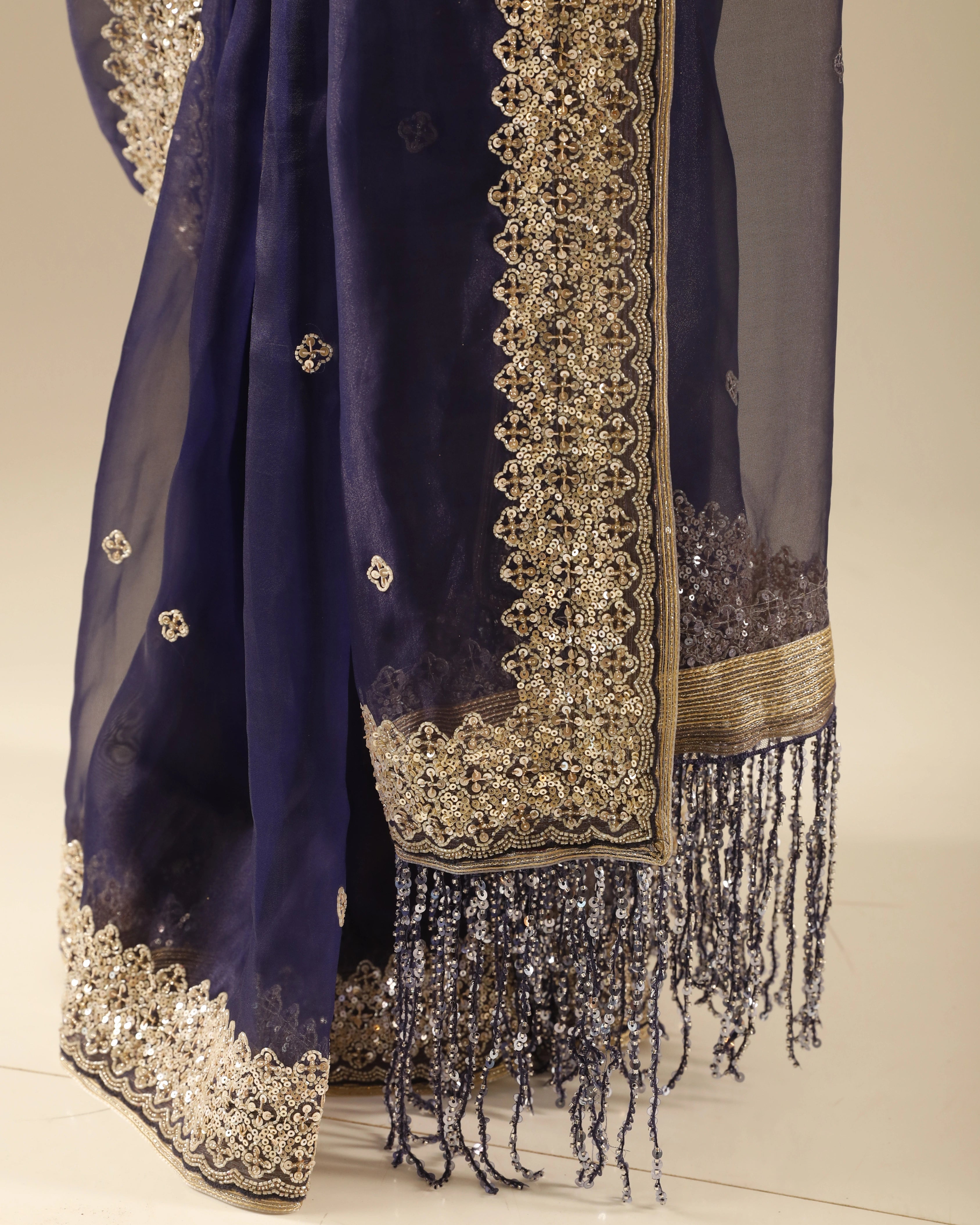 Navy Blue Georgette Hand-Embroidered with All-Over Chita Work
