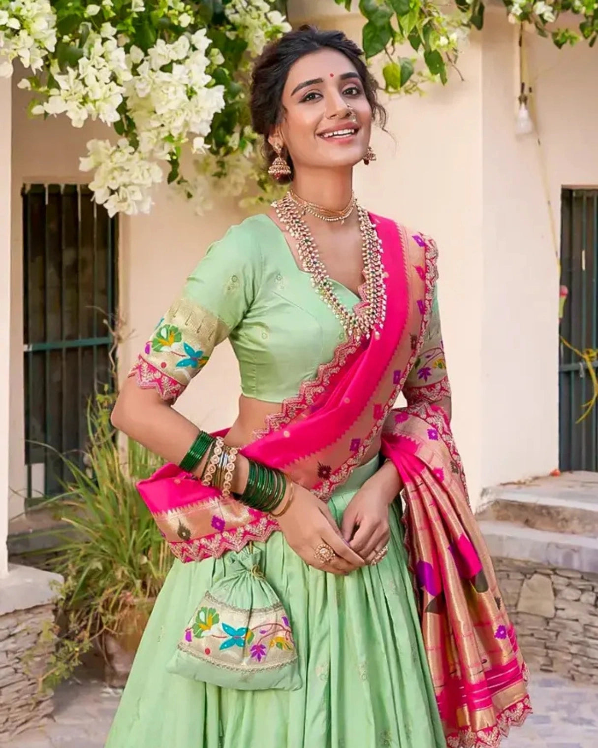 Green Paithani Silk Lehenga Choli with Pink Rich Zari Dupatta and Matching Blouse