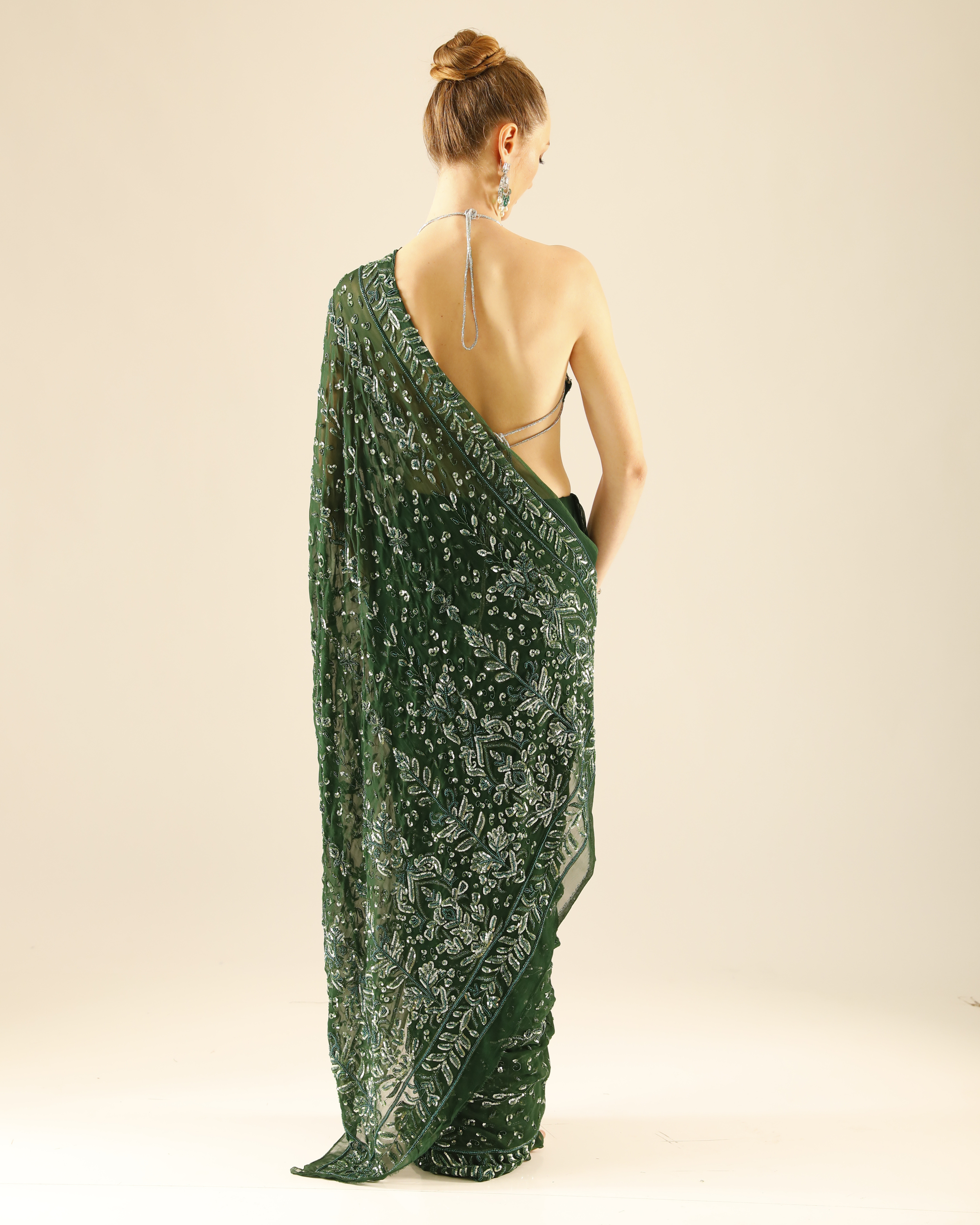 Emerald Green Hand-Embroidered Georgette Saree Set with Cut Dana and Sequin Work