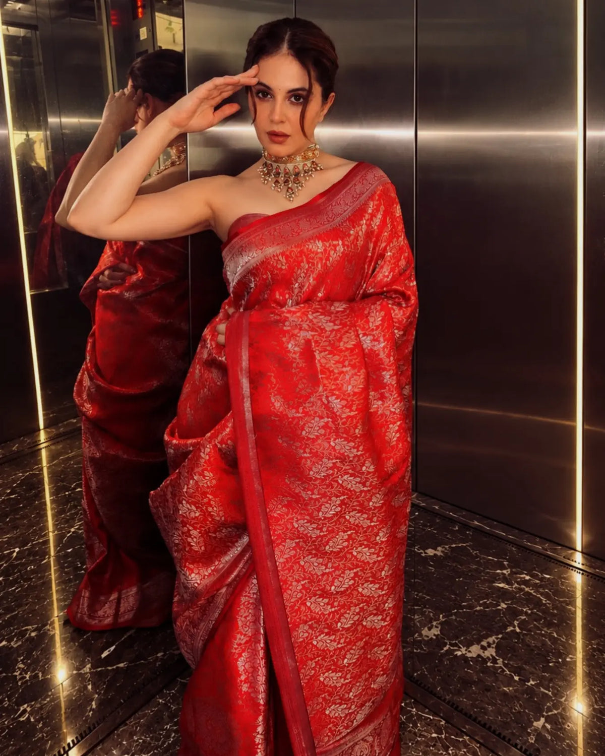 Red Banarasi Silk Saree With All Over Flower Work and Matching Blouse