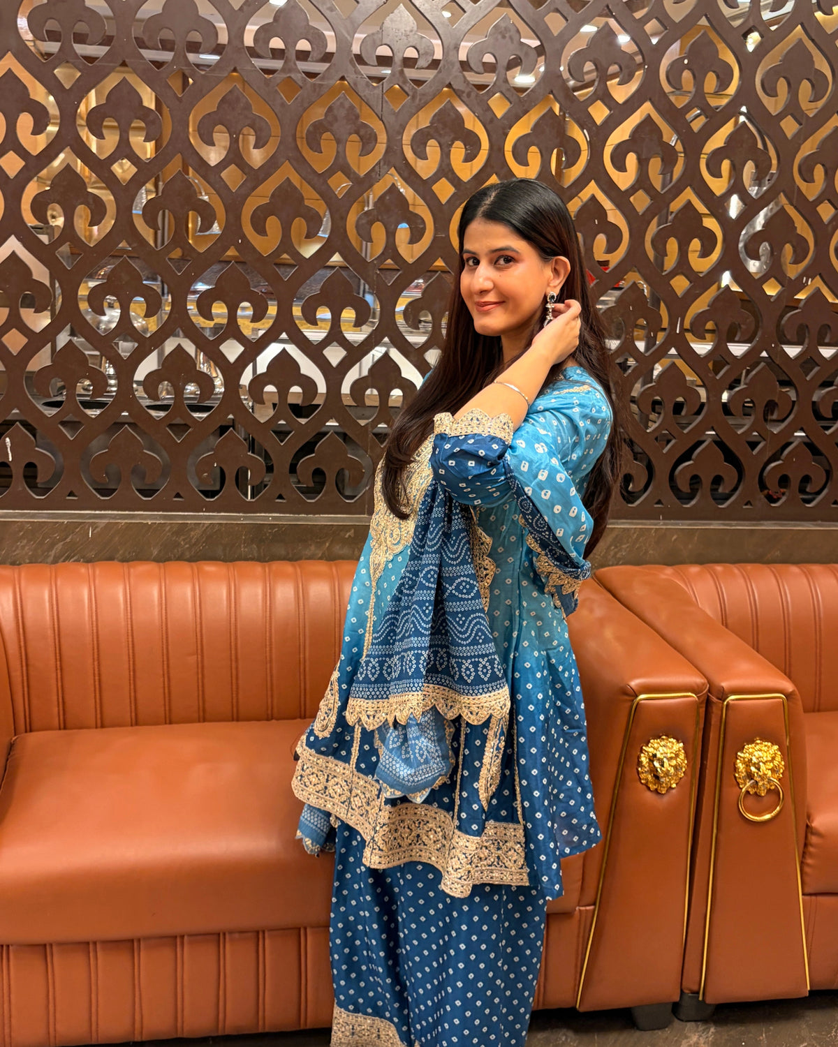 Blue Silk Salwar Kameez with Bandhani Print and Mirror Embroidery
