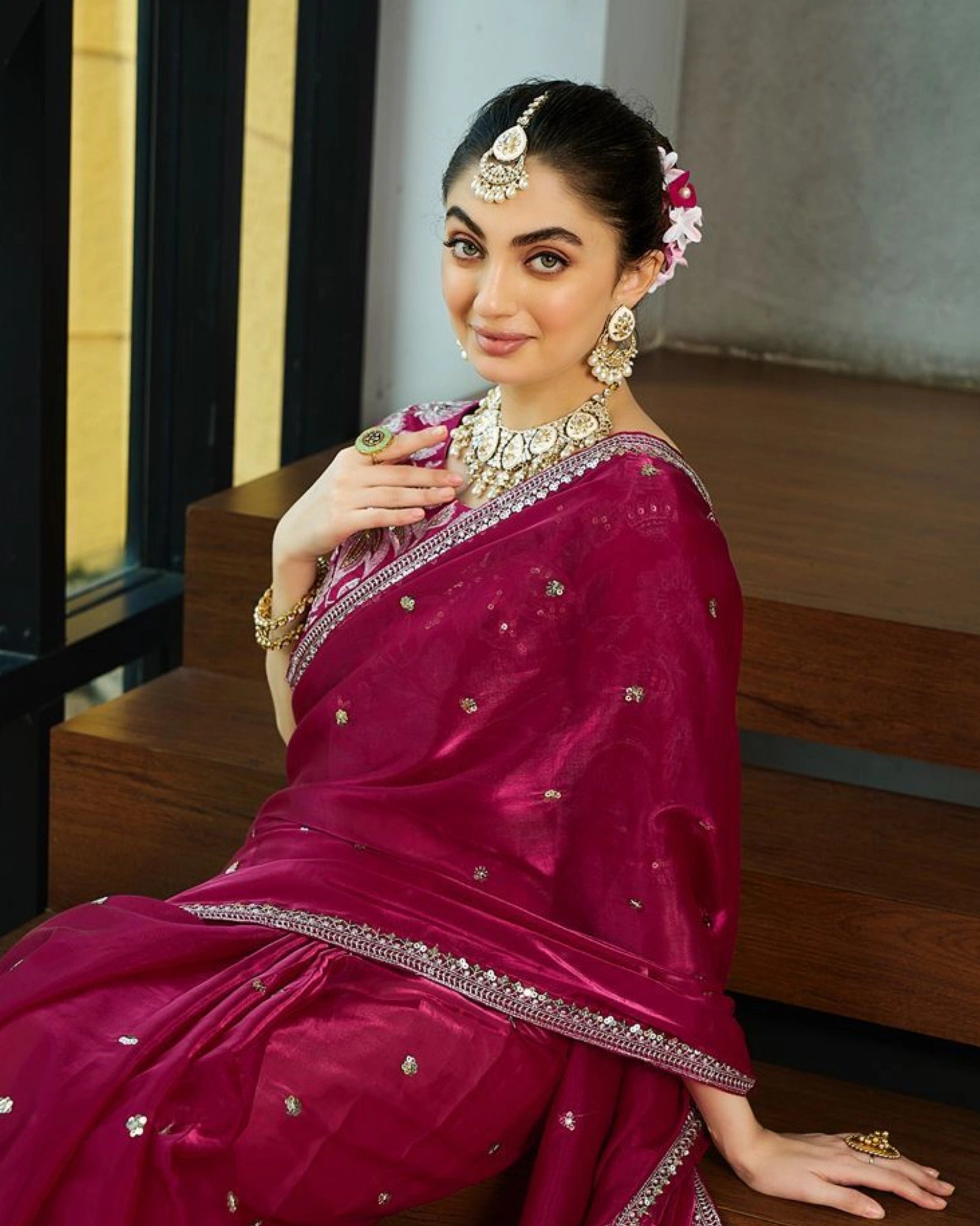 Red Silk Sequin Embroidery Work Saree and Floral Embroidery Blouse