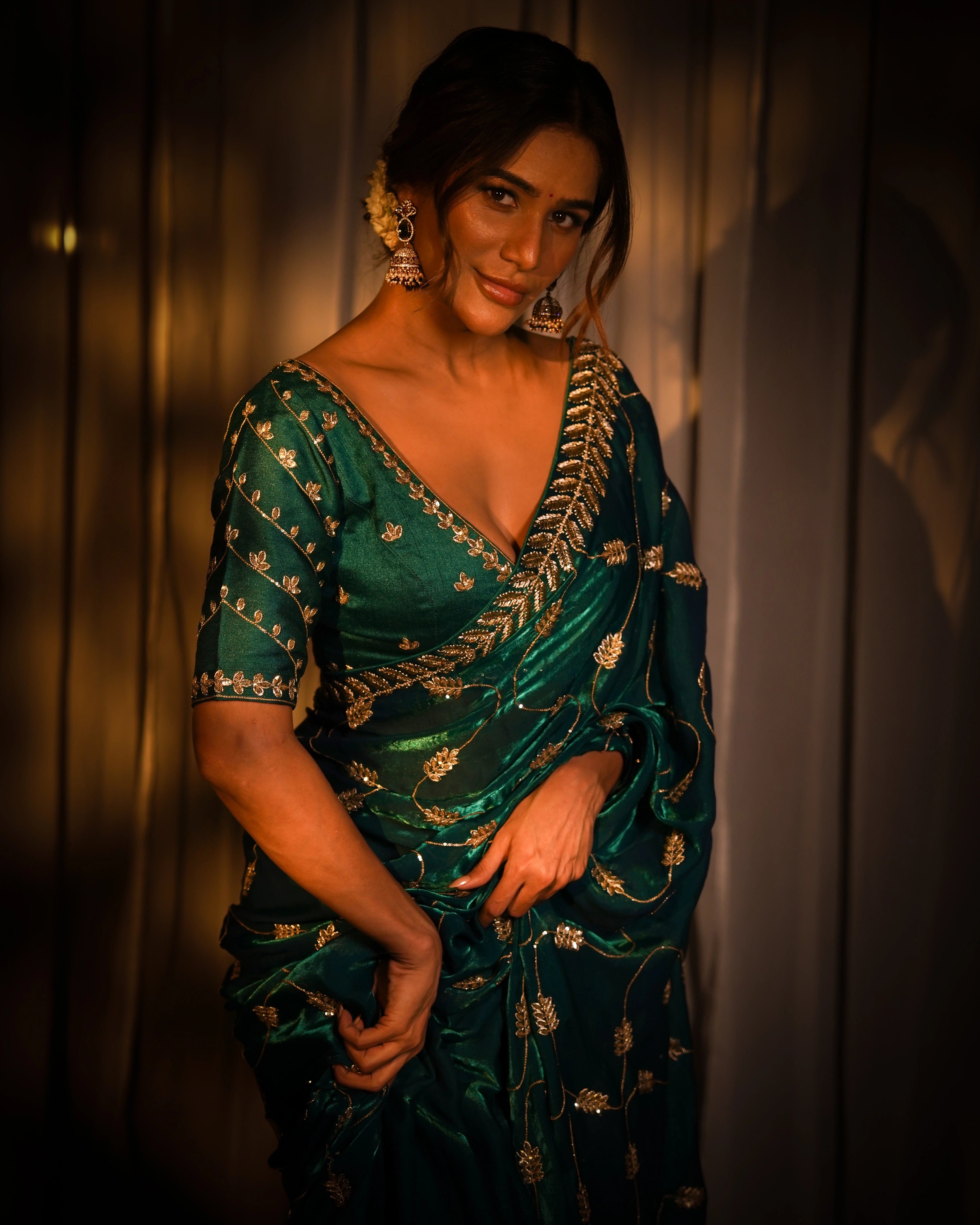 Emerald Green and Gold Leaf Silk Saree with Sequin Thread Embroidery and Matching Embroidered Blouse