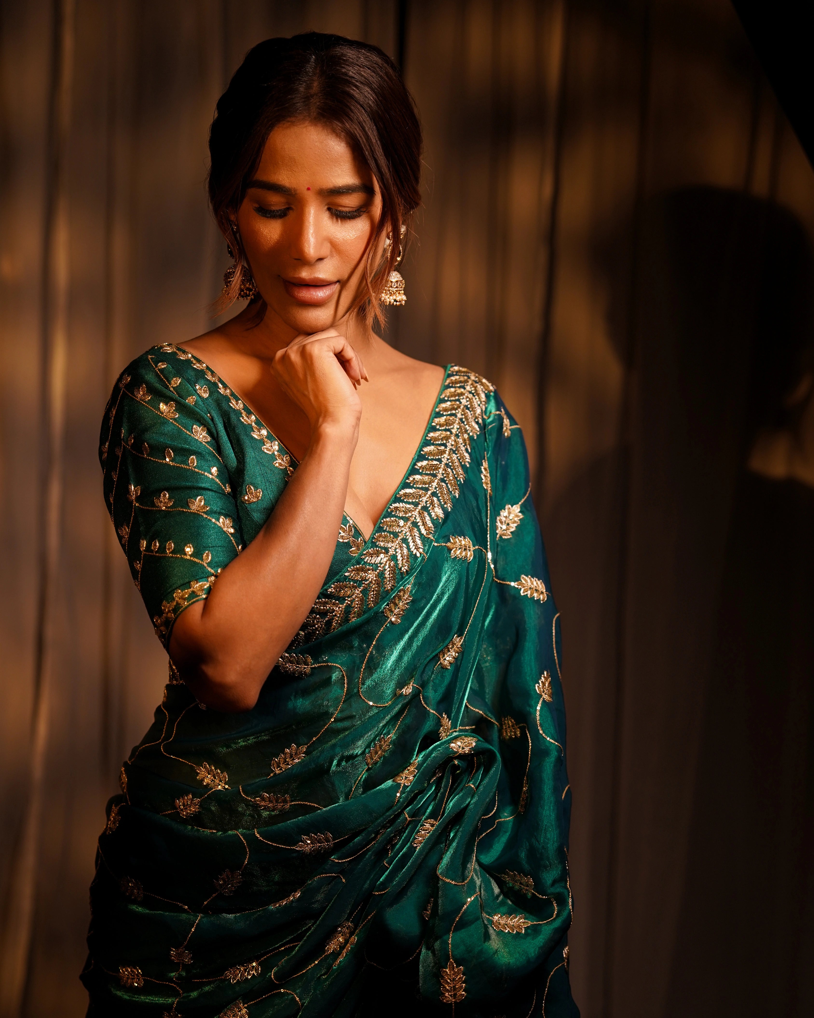 Emerald Green and Gold Leaf Silk Saree with Sequin Thread Embroidery and Matching Embroidered Blouse