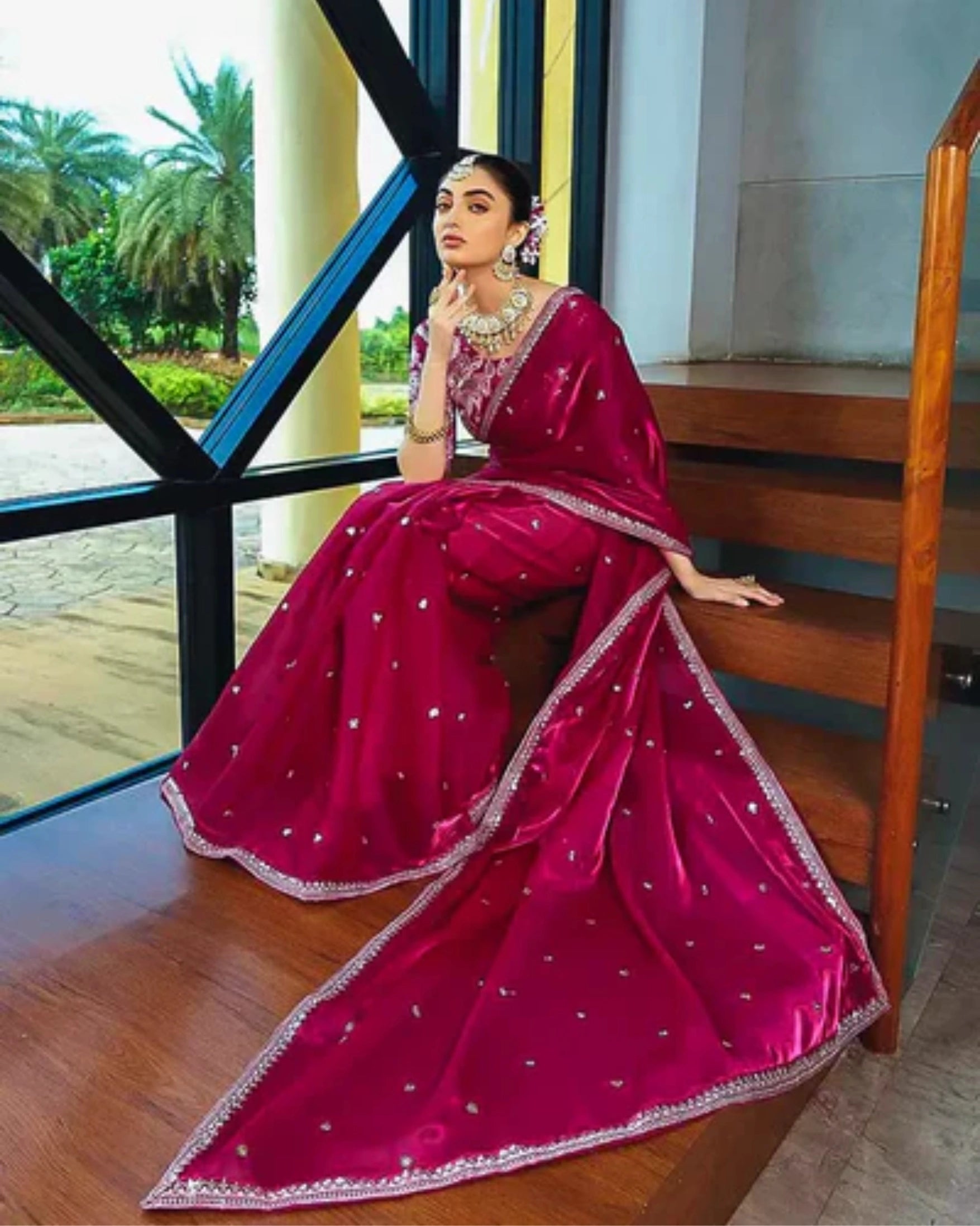 Red Silk Sequin Embroidery Work Saree and Floral Embroidery Blouse