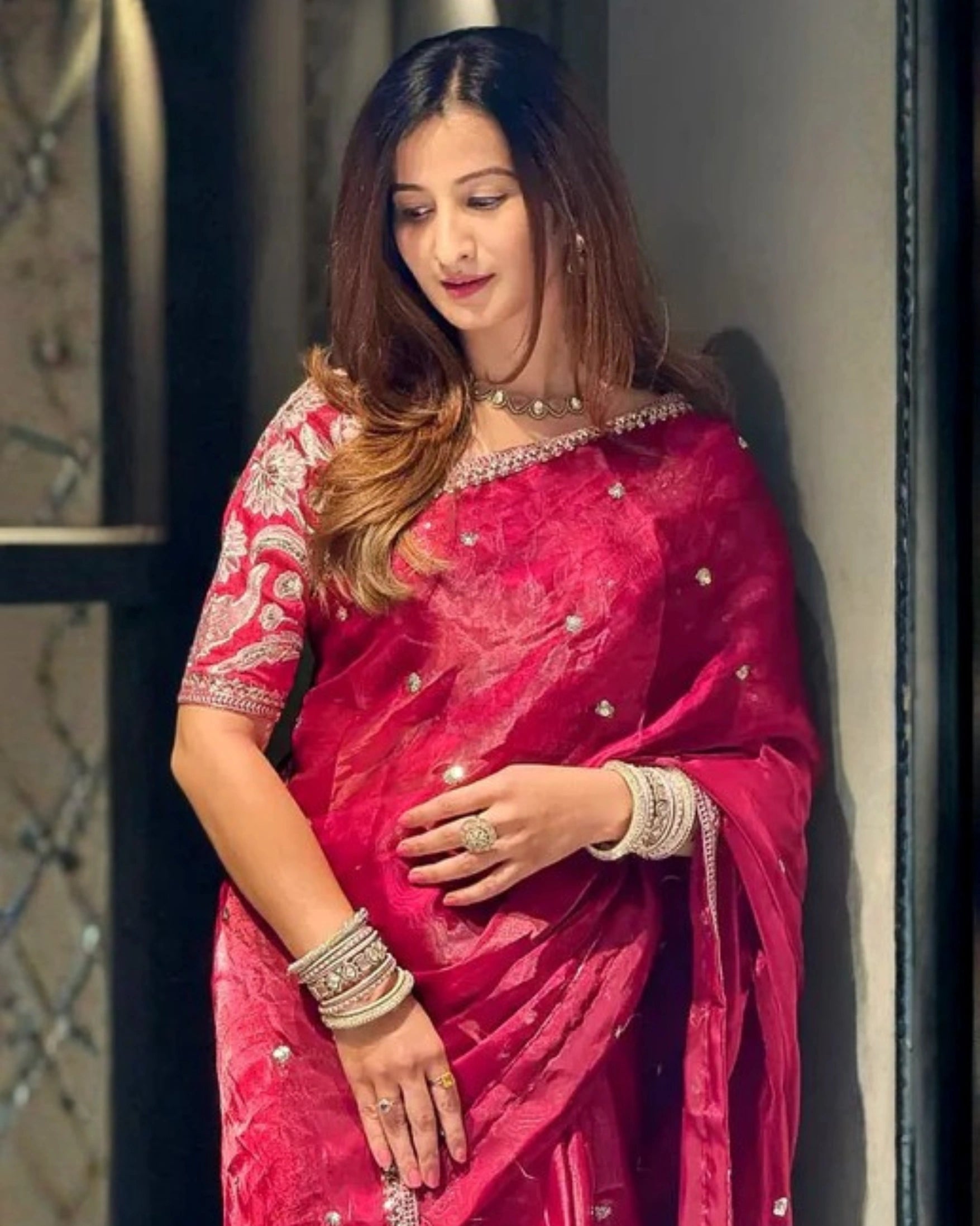 Red Silk Sequin Embroidery Work Saree and Floral Embroidery Blouse