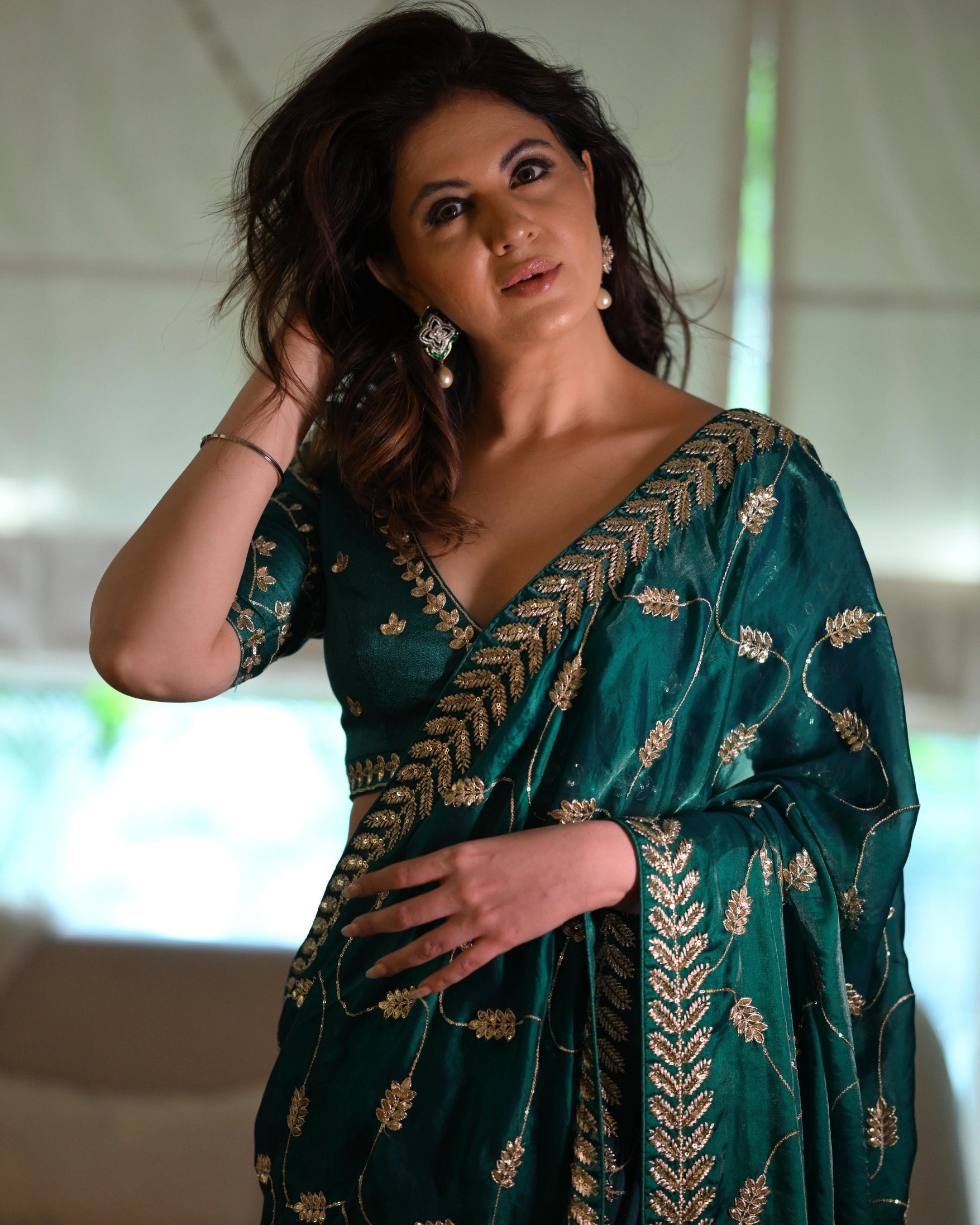 Emerald Green and Gold Leaf Silk Saree with Sequin Thread Embroidery and Matching Embroidered Blouse