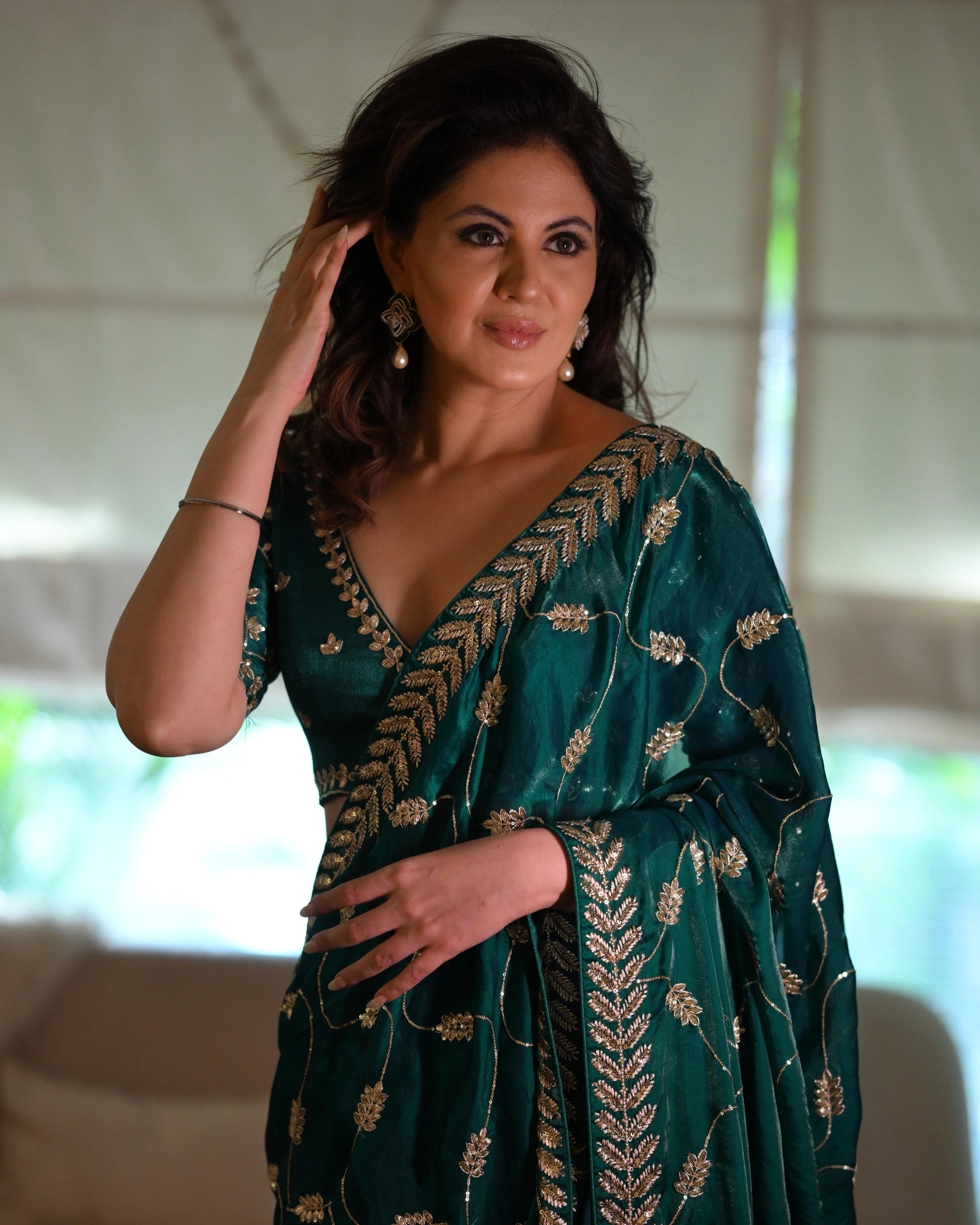 Emerald Green and Gold Leaf Silk Saree with Sequin Thread Embroidery and Matching Embroidered Blouse