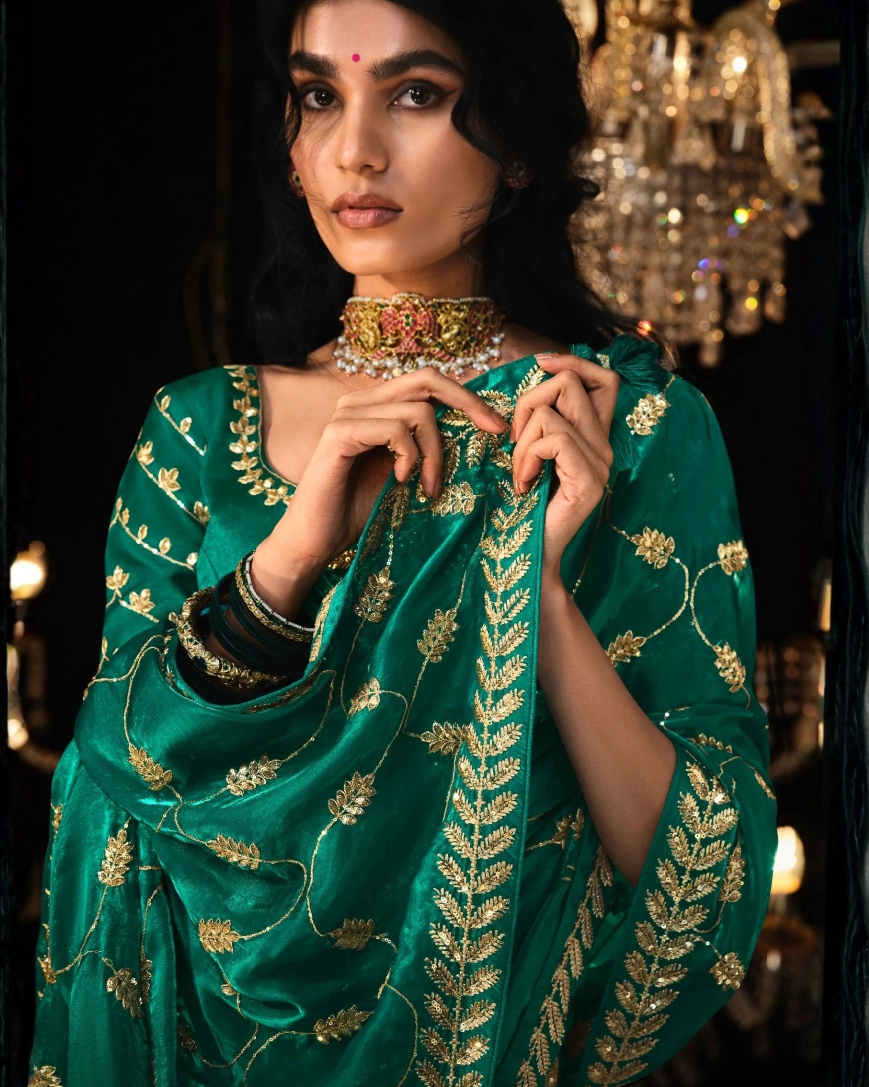 Emerald Green and Gold Leaf Silk Saree with Sequin Thread Embroidery and Matching Embroidered Blouse