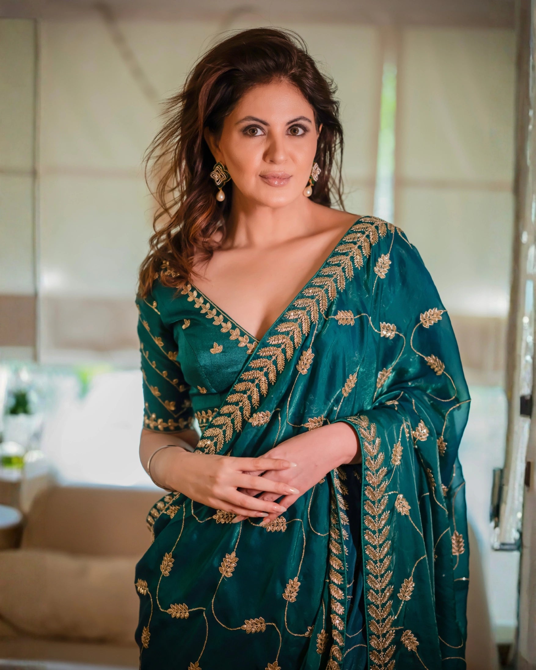 Emerald Green and Gold Leaf Silk Saree with Sequin Thread Embroidery and Matching Embroidered Blouse