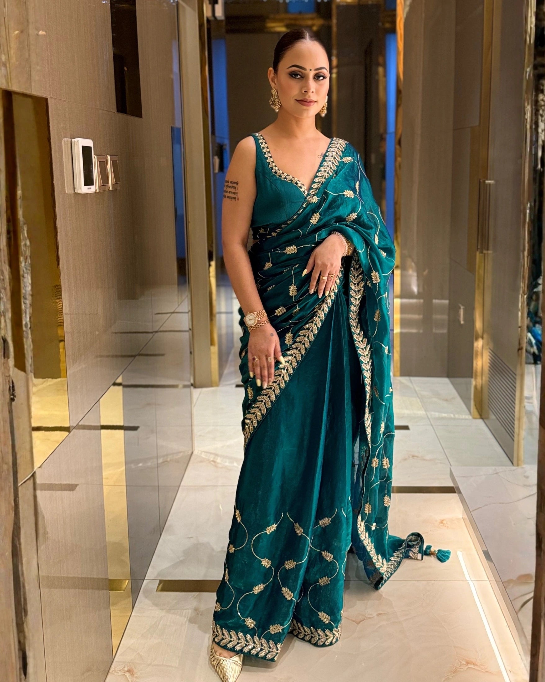 Emerald Green and Gold Leaf Silk Saree with Sequin Thread Embroidery and Matching Embroidered Blouse