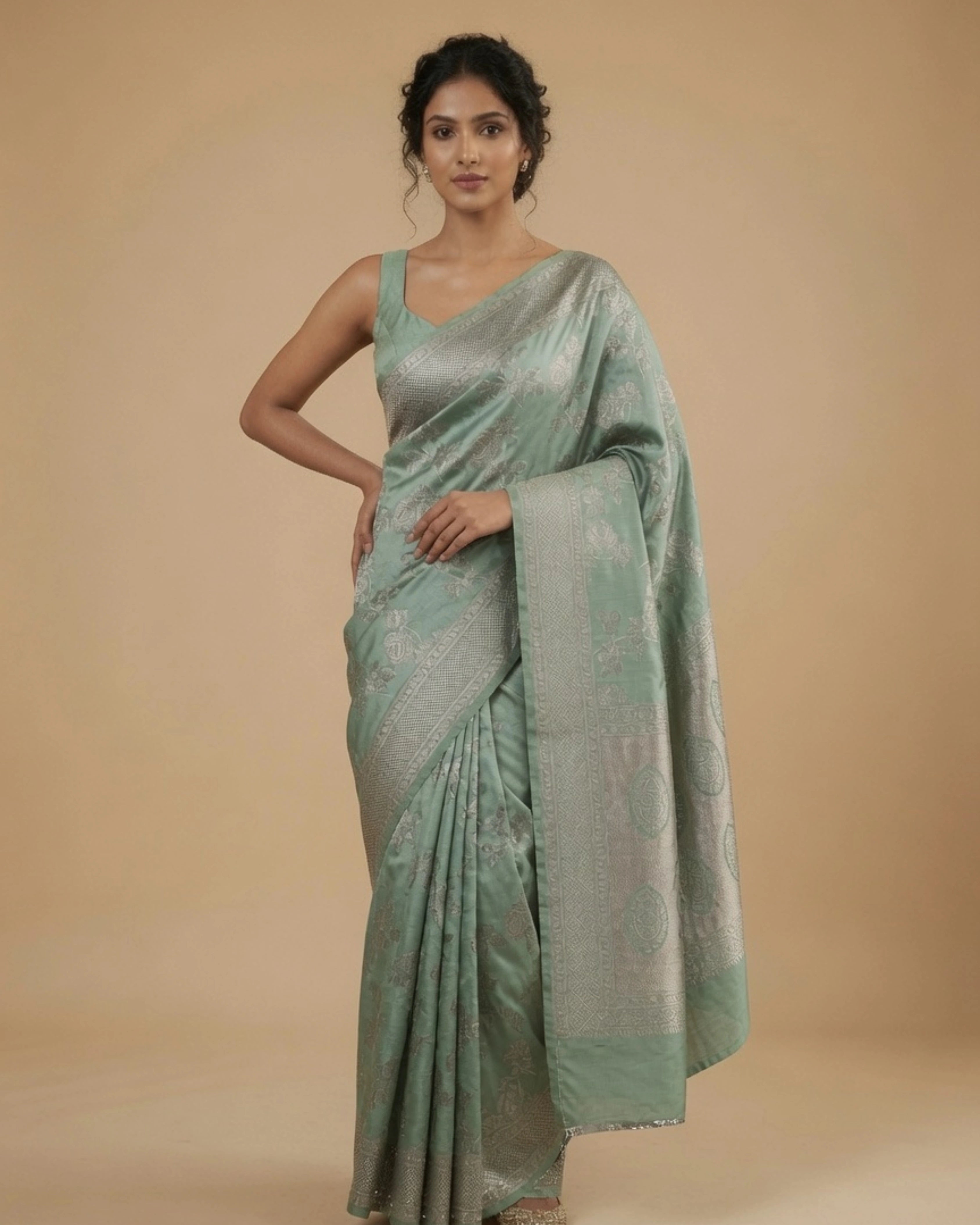 Light Green Pure Banarasi Silk Saree with All-Over Gold Zari Floral Design and Matching Blouse