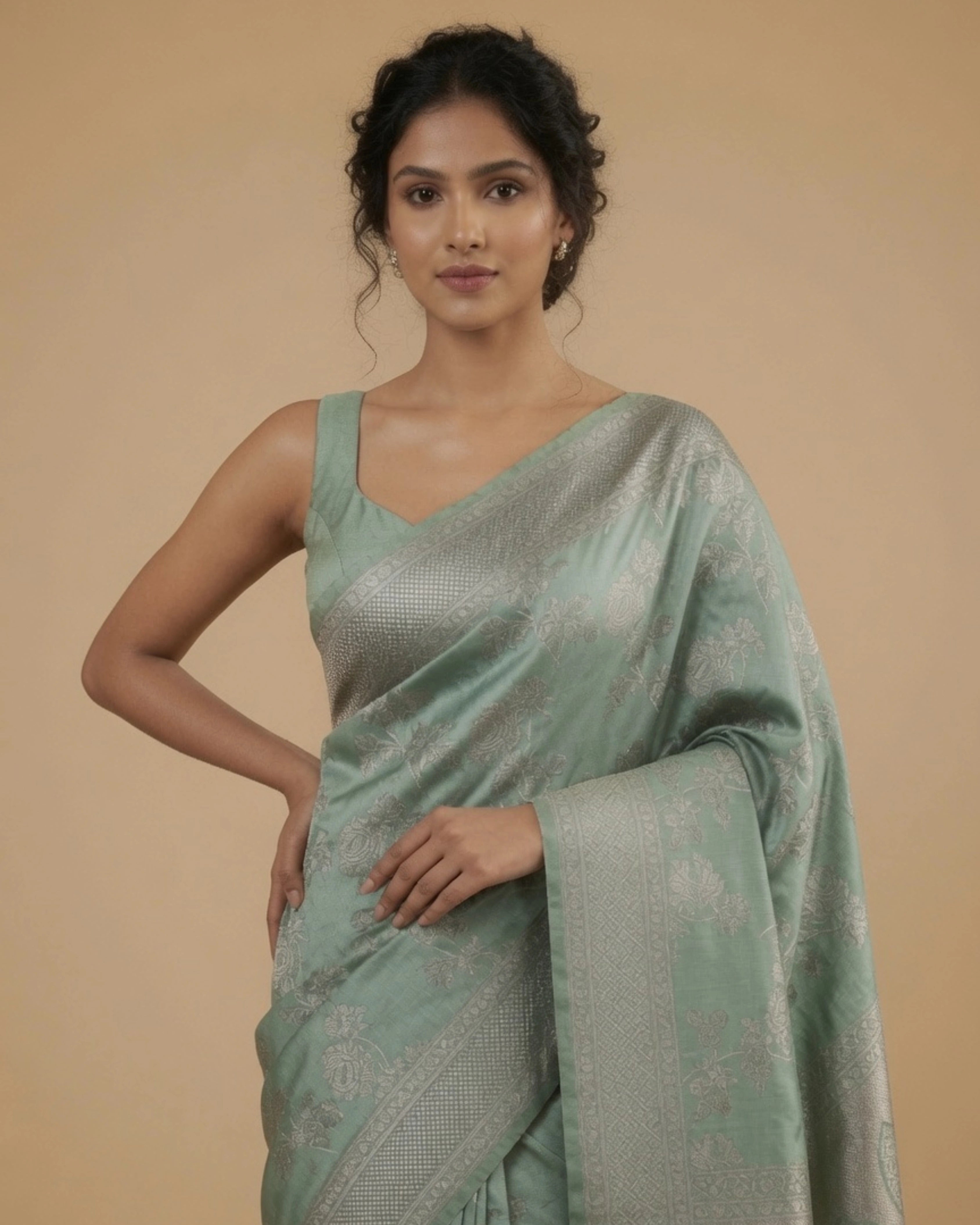 Light Green Pure Banarasi Silk Saree with All-Over Gold Zari Floral Design and Matching Blouse