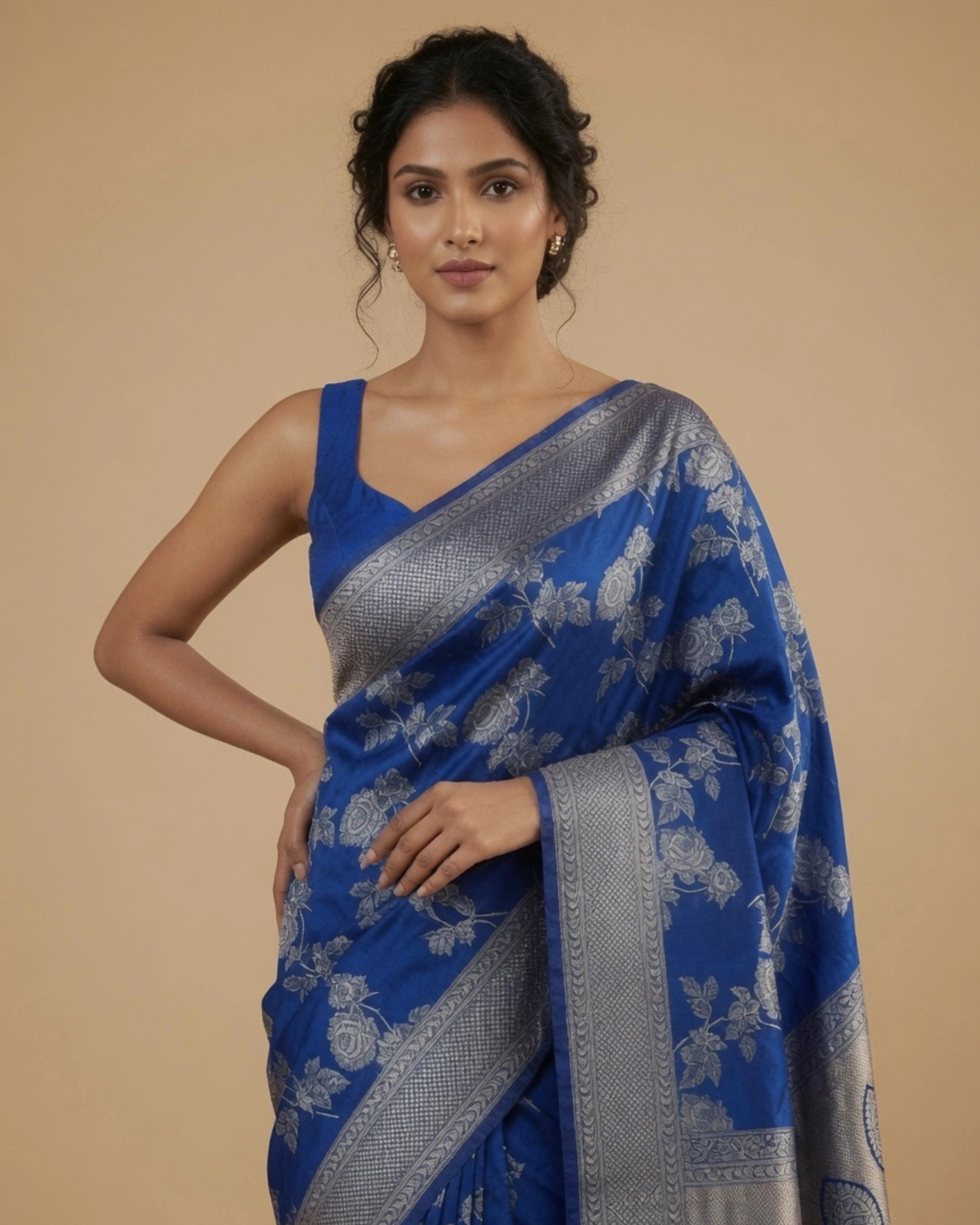 Navy Blue Pure Banarasi Silk Saree with All-Over Gold Zari Floral Design and Matching Blouse
